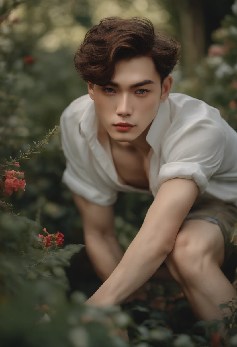 a pendant, Henry shirt with ripped shorts, stretching, in the garden, highly detailed face and skin, detailed eyes, double eyelids