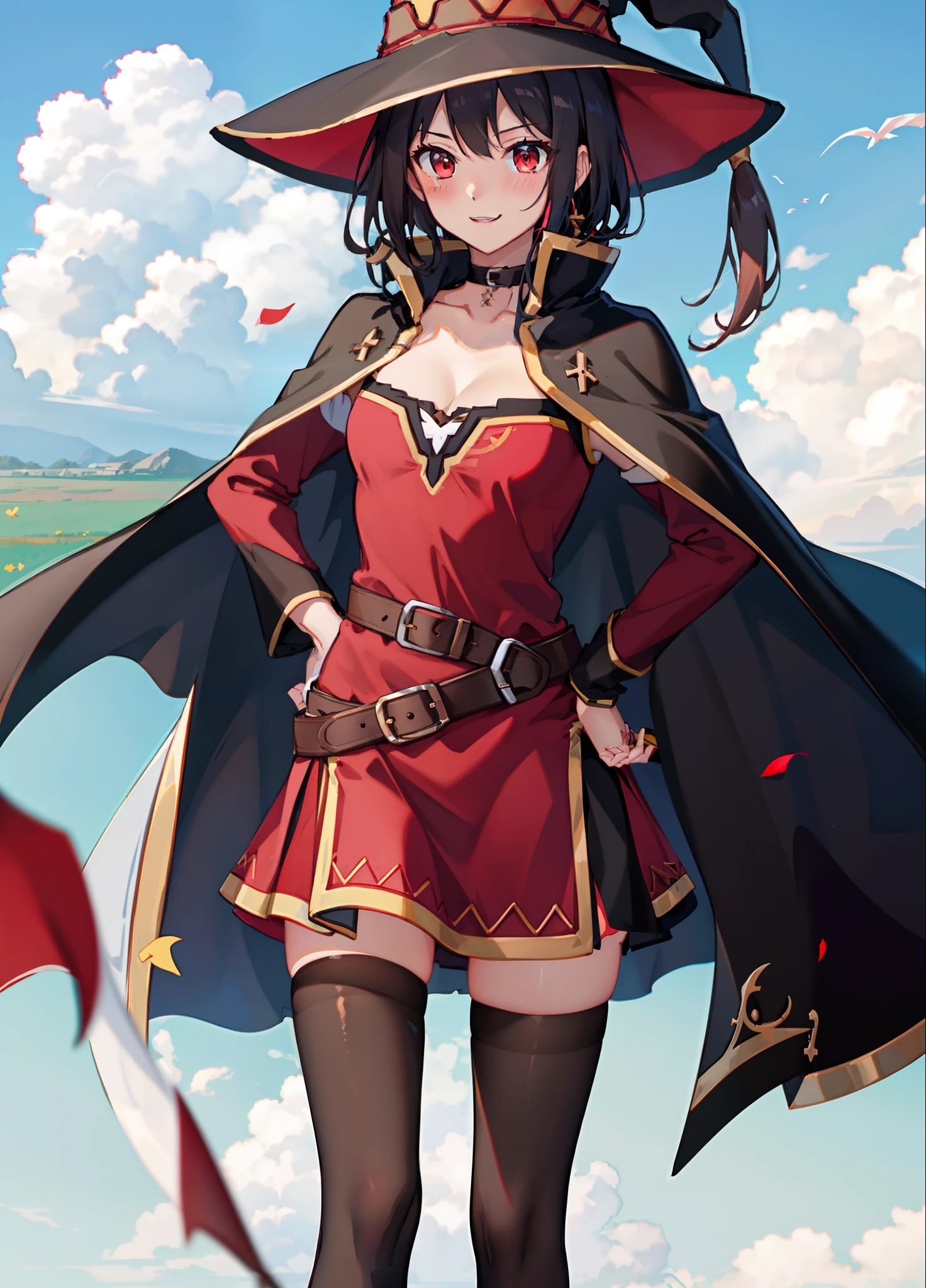 ((masterpiece)), (best quality:1.7), (detailed:1.4), (high res:1.4), 8k, (colorful:1.5), 2d, high resolution, sharped image, 4k, hd, megumin_konosuba, 1girl, (((solo))), ((black hair)), black thighhighs, wicth, witch hat, brown belt, red eyes, red dress, middle body, cowboy shot, smile, ((medium breasts)), (((cape))), peace symbol, long sleeves, (cleavage), legs, long legs, school, ((field)), sun, sky, clouds, spread legs, ((looking at viewer)), (((two arms))), (((two hands))), choker, ((black cape)), ((((hands on own hips)))), belt, particles, cinematic lights, blush, surprised,