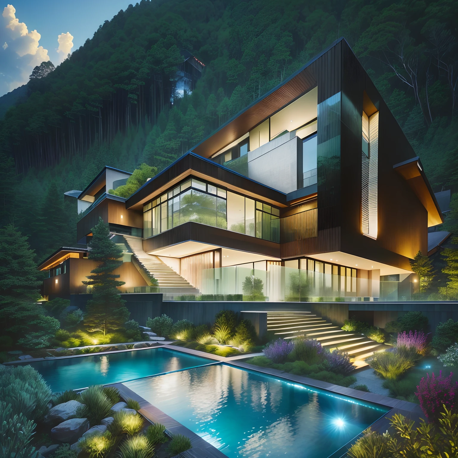 RAW photo, Masterpiece, high quality, best quality, authentic, super detail, dslr, mountain villa, pine forest, shrubs, swimming pool, glass facade, swimming pool light, sunser skylight, cloud, stone, green grass on ground, modern house, contemporary buiding, surrounding tree, indoor light, soft shadow, sea view, (high detailed :1.2),