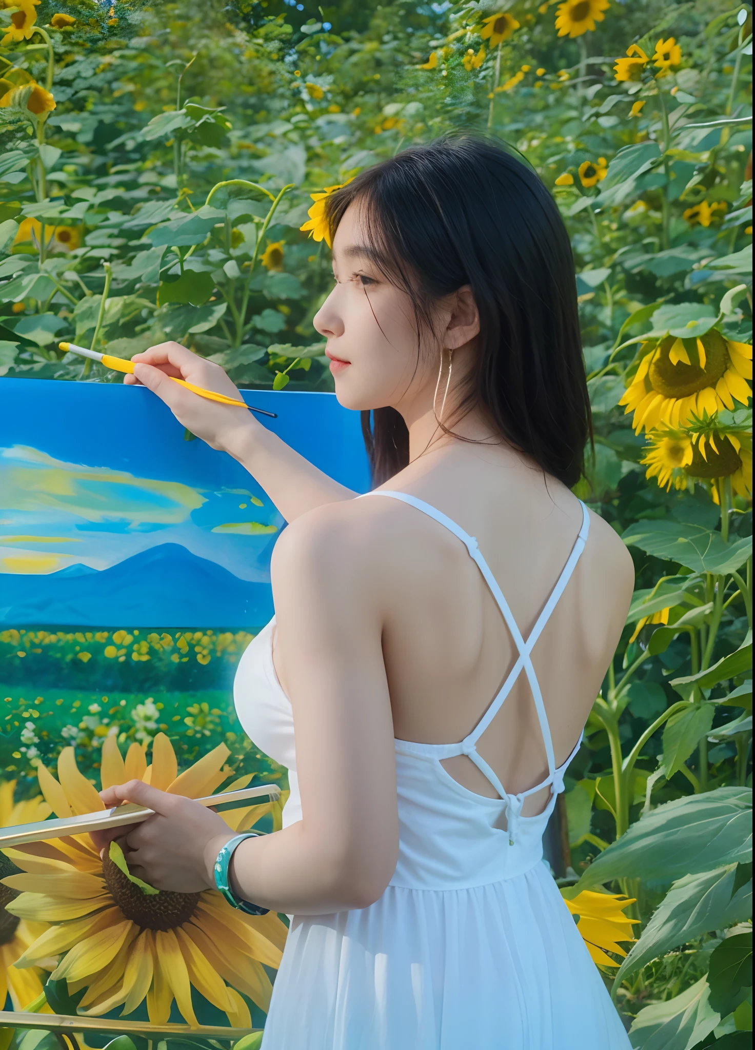 Sunflower girl，Side face，good eyes，