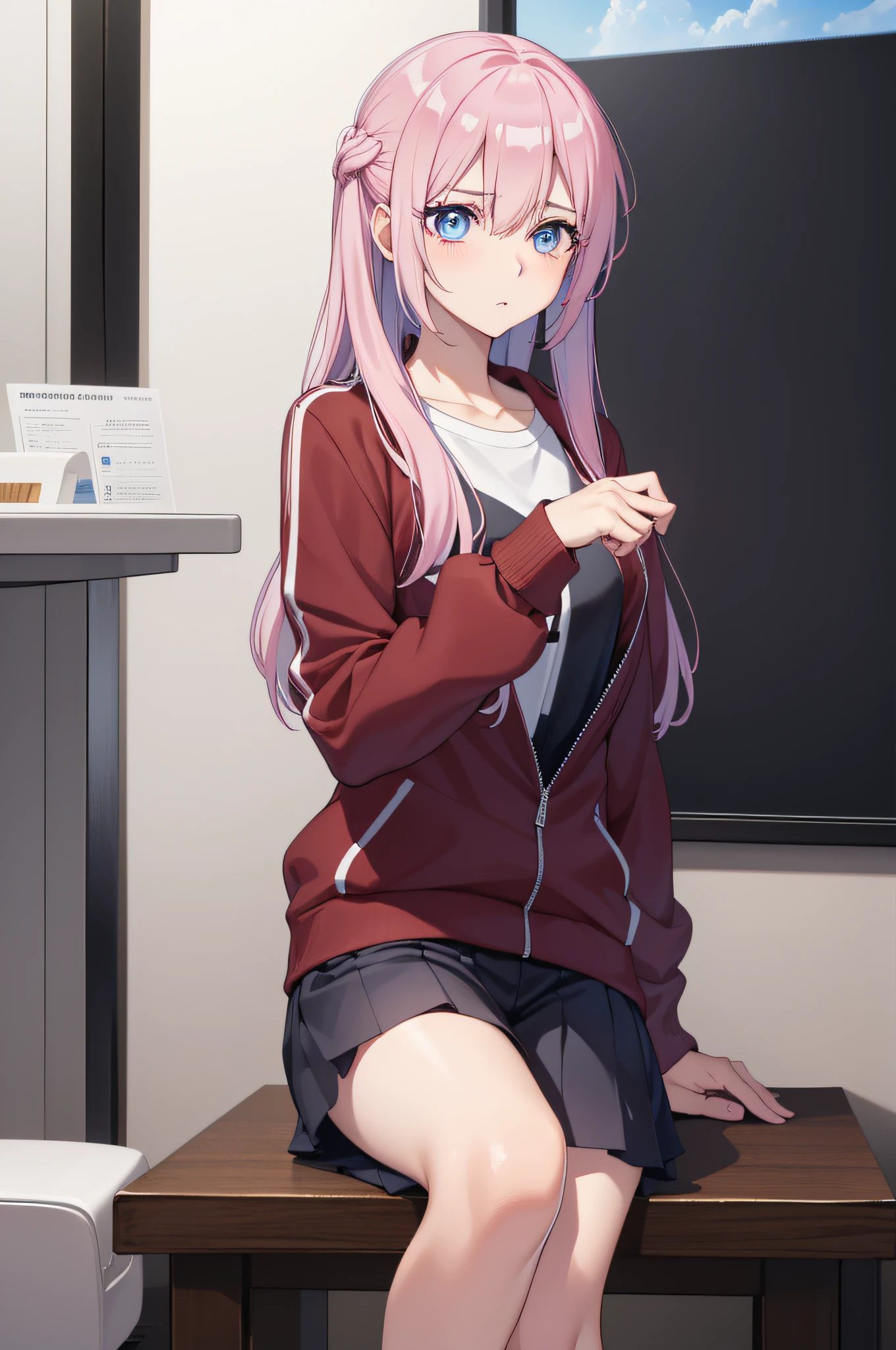 ((masterpiece,highest quality))One girl, alone,  Bookshelf, Mountain of books, suzuno, indoor, hair ornaments, cube hair ornaments, blue eyes, Pink Long Hair, pink track jacket, bangs, Hair between the eyes