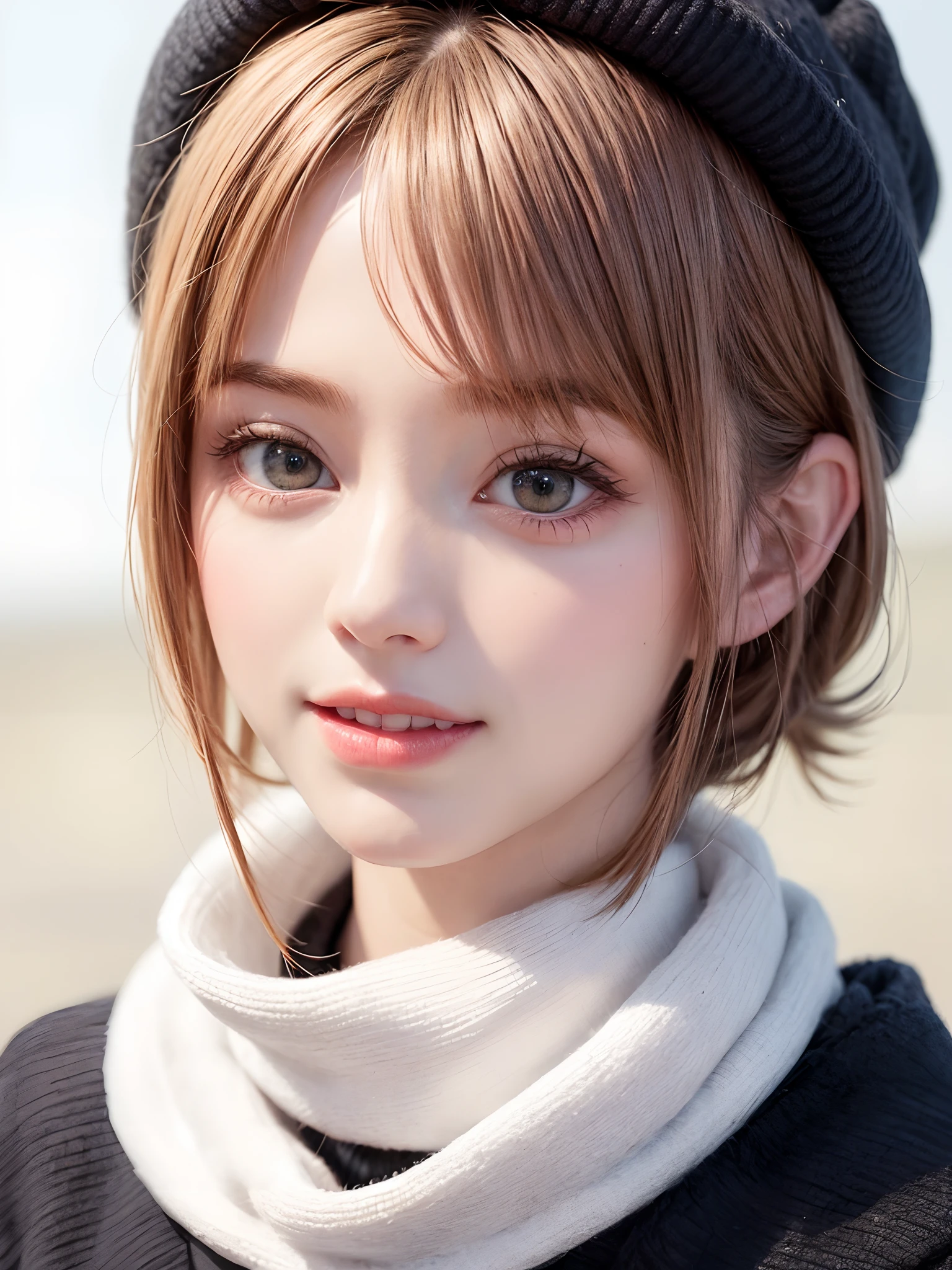 (masterpiece, top-quality、Very attractive adult beauty、Add intense highlights to the eyes),1girl in, 独奏, A dark-haired, scarf, Hats,, realisitic, looking at the viewers, black eyes of light color, shorth hair, coat, Winter clothes, White headscarf, s lips, lipgloss,bangss, The upper part of the body、big eye、Lashes)、((Road system in Italy))、((Shorthair with bangs、big eye、Put very strong highlights in your students、very Bigger breasts、gazing at viewer、Very beautiful beauty、Put your ears out、long neck、little smiling、Beautiful teeth、Open your mouth and smile))、28 year old、Very cute supermodel、Look firmly at the camera