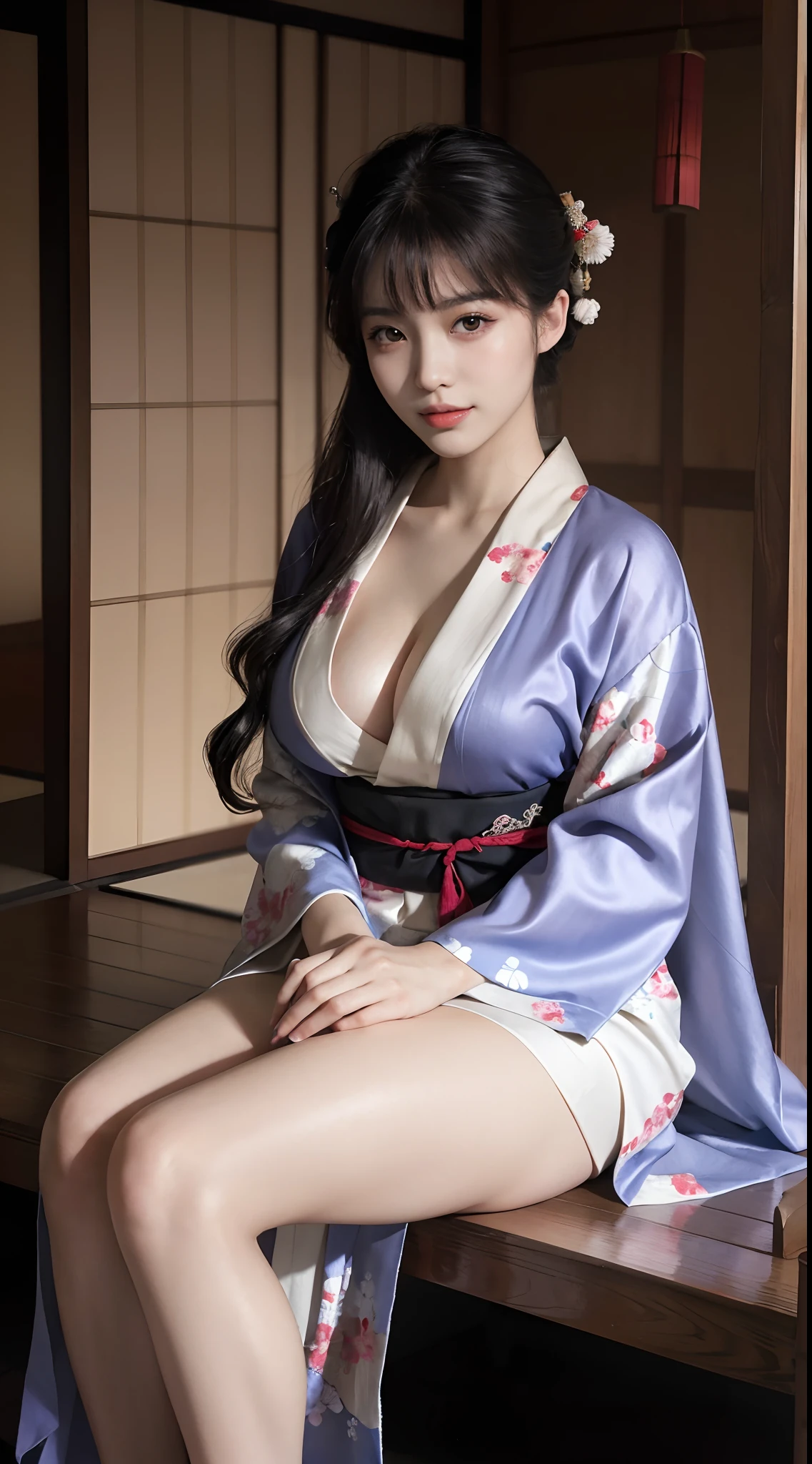 8K, RAW photos, Best quality, Masterpiece: 1.2),(best qualtiy，8K, Yes，32K，masterpiece，hyper HD：1.2) , 20 years old, big cleavage breasts, hig boobs, araffe asian woman in a kimono sitting on a bench, wearing a simple robe, in kimono, wearing simple robes, japanese goddess, japanese model, in a kimono, elegant japanese woman, wearing kimono, wearing a long flowing robe, kimono, classy yukata clothing, japanese clothes, wearing a luxurious silk robe, japanese kimono, pale and coloured kimono, in robes