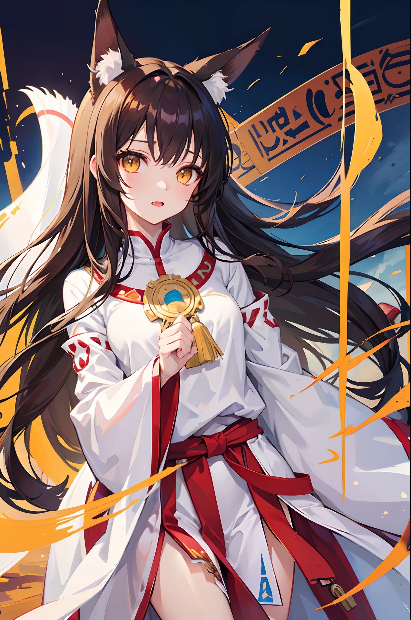 anime, girl, solo, long hair, dark brown hair, red yellow eyes, white cat ears, white cat tail, Anubis girl, model, beautiful, half body potrait, arabian clothes, mesir, desert, priestess, priestess style, priestess clothes, smile, jewelry, princess, young, gorgeous, polite, close clothes. Long robe. Shock expression. Shocked.