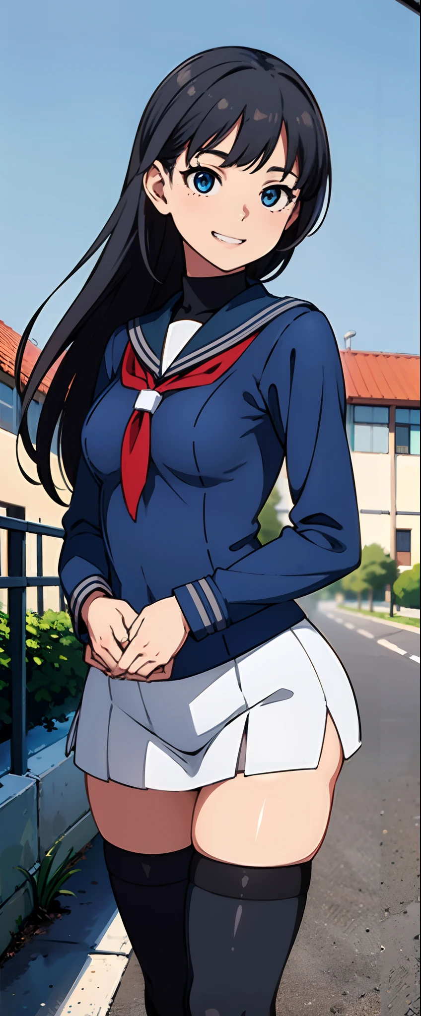 (8K, Best quality, Masterpiece:1.2), (Realistic, photo-realistic:1.37), Ultra-detailed, 1girll, Solo, Cute, Beautiful detailed sky, (Smile:1.2), (grin), Beautiful detailed eyes, Floating hair,(seifuku:1), Stockings, full bodyesbian,street,Thin