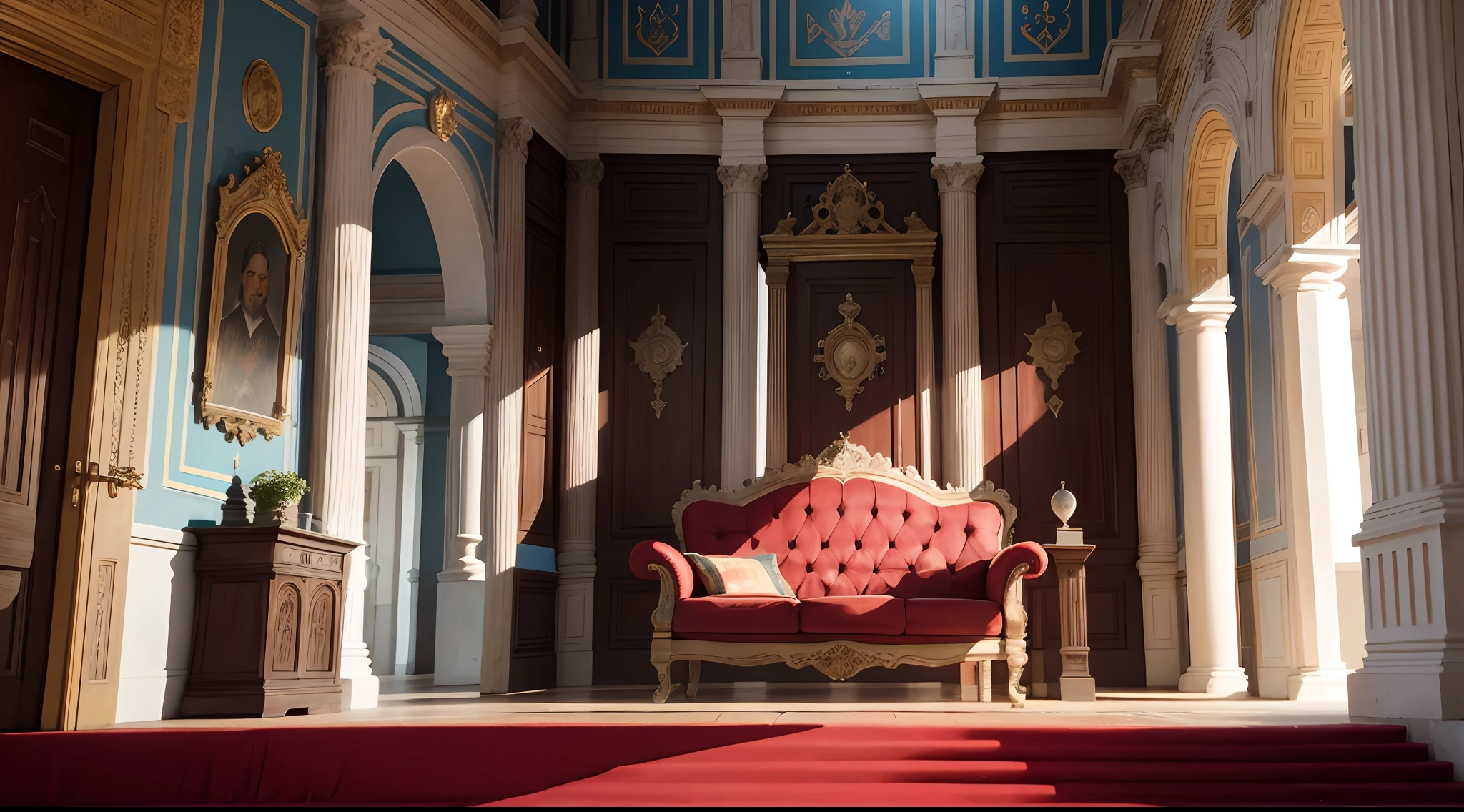 Interior view of Central America Spanish Governor's Palace, Conquistador's House, Hernan Cortes' style or Diego Velázquez de Cuéllar style, look like Cuba's Governor in 16th century, European and Christianity architecture, built in Caribbean or Terra Firme or Antilles Islands or Central America, built in Cuba or Santo Domingo or Vera Cruz or Mexico Kingdom of Portugal, 16th century, medieval, Central America element, Conquistador's elements, Iberia Elements, Spanish style throne, no people, no word, no wordings, no signature