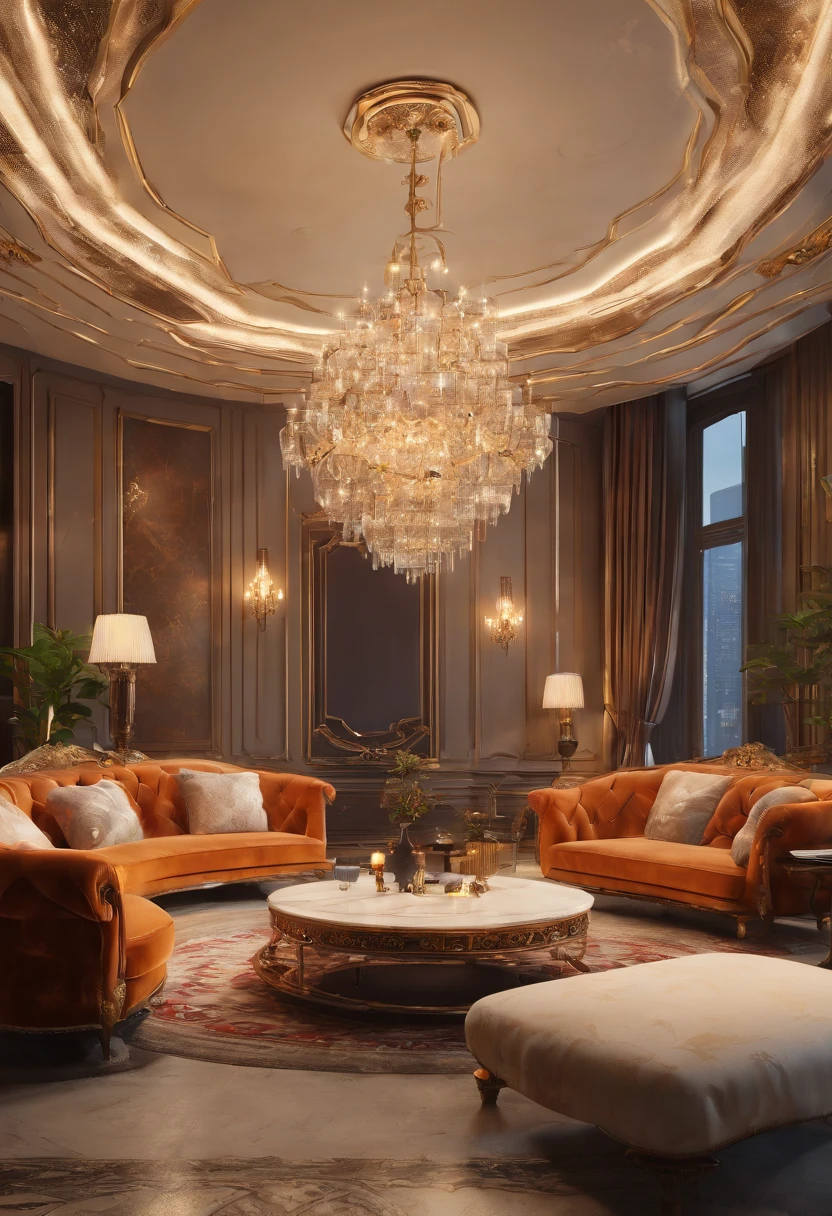arafed living room with a chandelier and a couch, a portrait inspired by James Paick, trending on cg society, baroque, vip room, luxurious environment, youtube thumbnail, luxury hd render, royal interior, extremely opulent, ornate cyberpunk interior, gentleman's club lounge, [ cinematic, 8 k 3 d render ray traceing, luxury furniture, luxury lifestyle