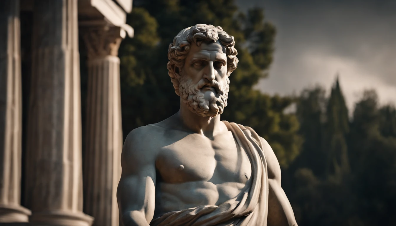 Greek style Seneca statue, 8k, dark background, Cinematic