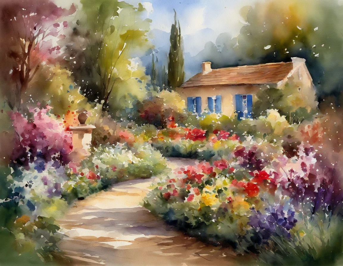 Fantastic flowering garden. Impressionist painting style work by John Singer Sargent, Thomas Kinkade style