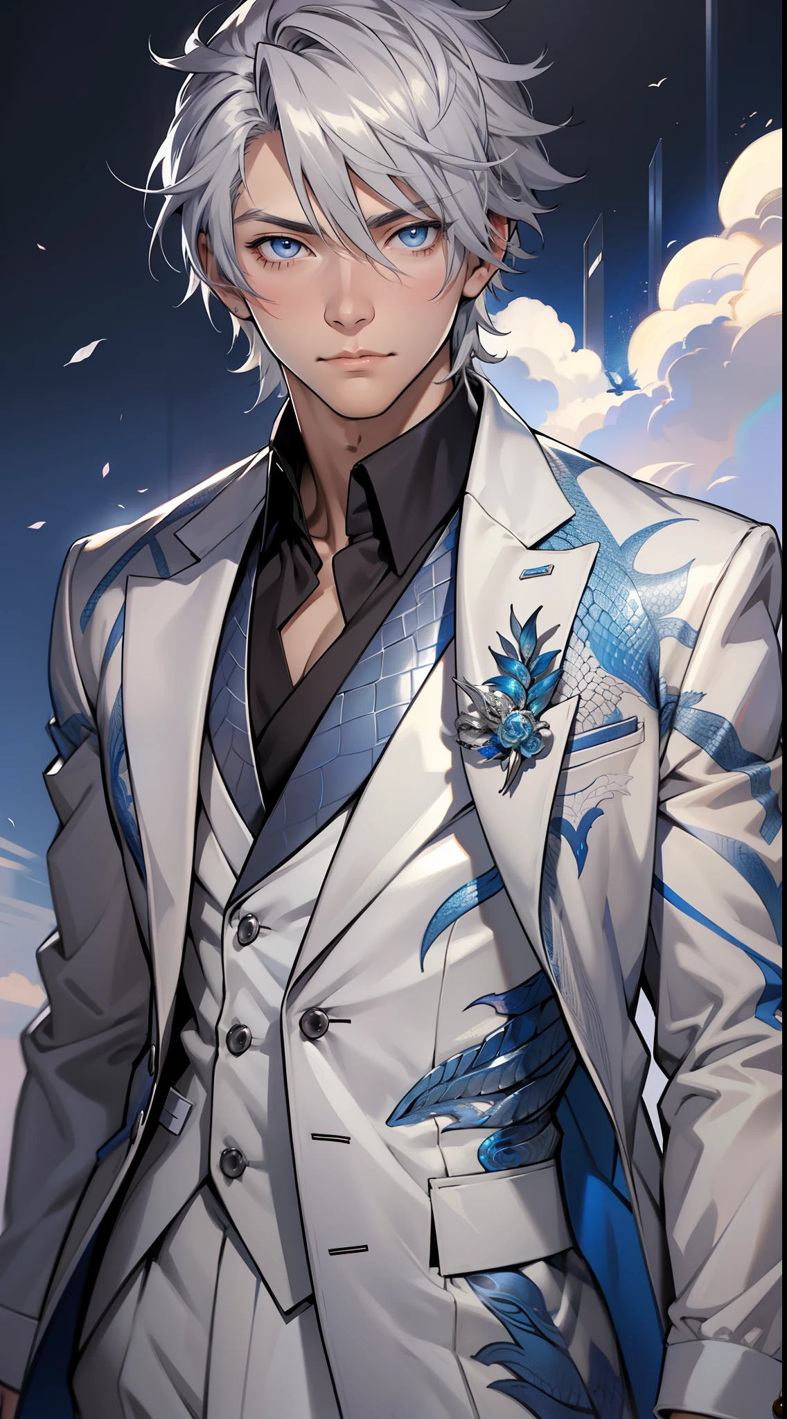 tmasterpiece,Need,超高分辨率,shoun,White suit,(Short silver-gray hair),blue color eyes,Libido boy,scales,Clouds