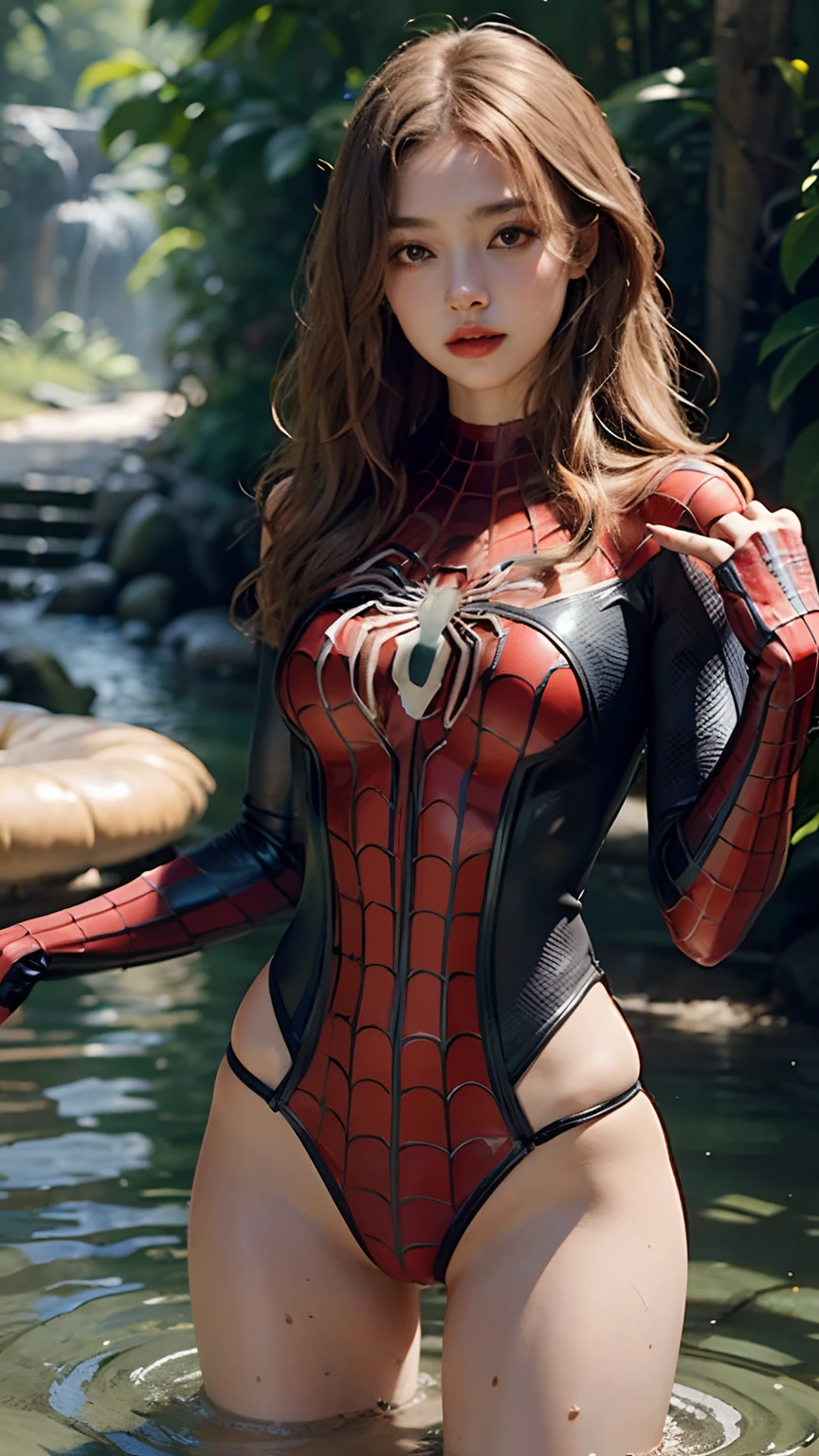 Beautiful woman with detailed body, beige mushroom hair, spider-man, open legs, (wet hair)