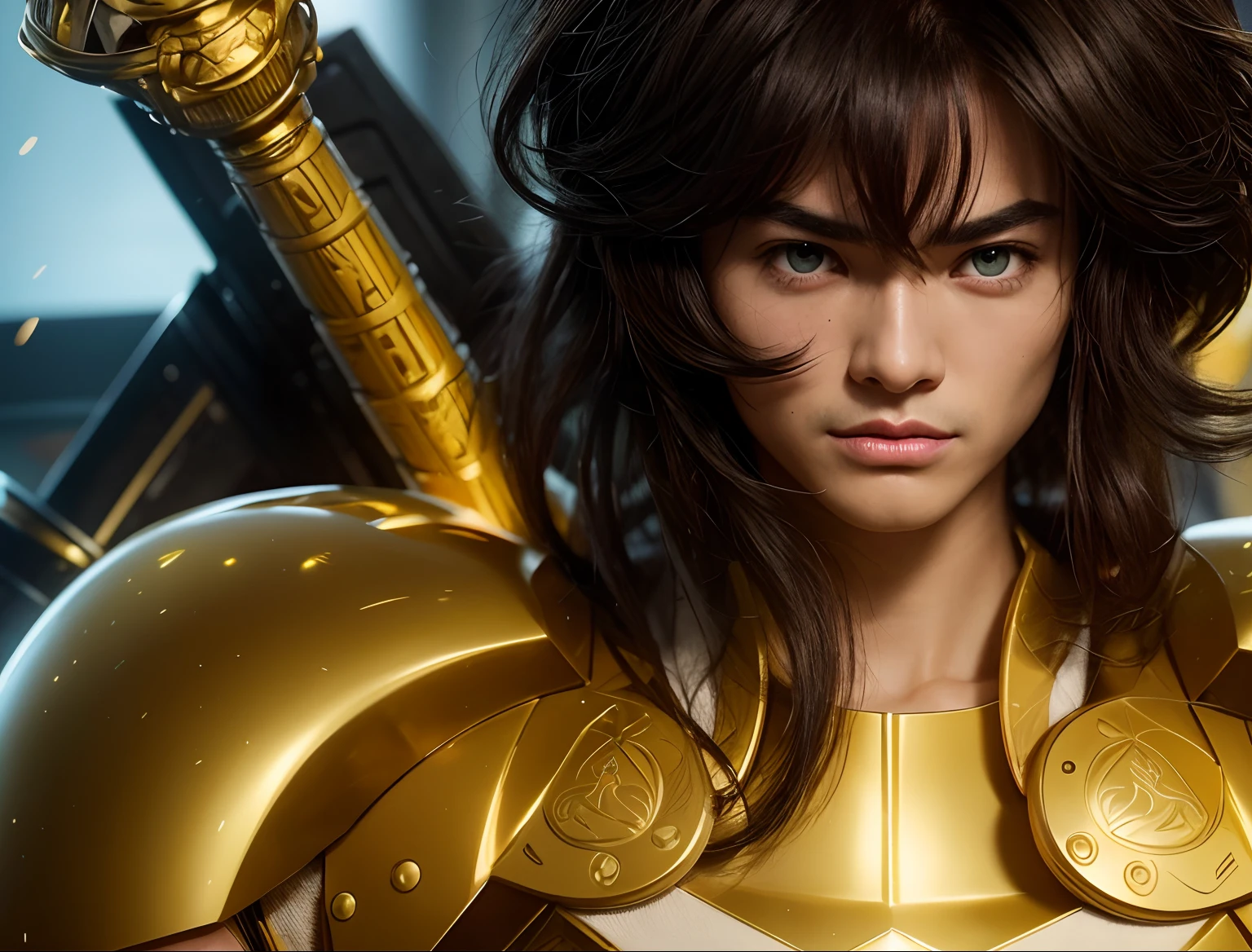 Cinematic stunningly detailed and ultra-realistic Dohko of Libra of Saint Seiya. Close up. He is waring pretty realistic golden armor. Bright golden armor. Detailed gold armor Octane is the perfect tool to capture the softest details of this 16k photography masterpiece. He is a handsome caucasian man about 40 years old. 1boy. Beautiful face. Chinese man. Detailed face. Beautiful nose. (Pretty big green eyes). Perfect eyes. Shaved. He has short brown hair. Perfect closed fist. Messy hair. ((Shaved)). He is staring his enemy.
