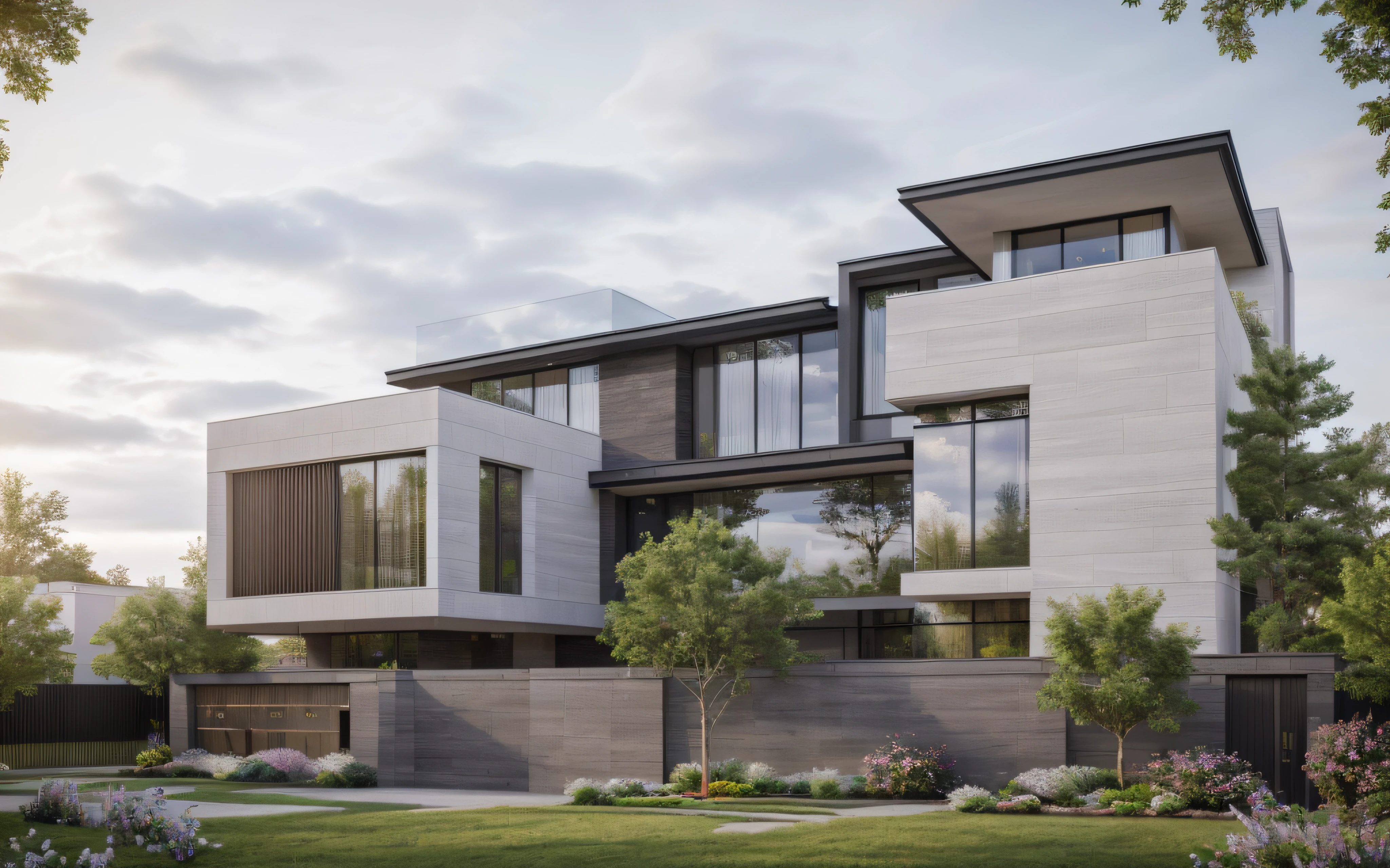 (masterpiece),(high quality), best quality, real,(realistic), super detailed, (full detail),(4k),8k,modern house exterior design,Modern architecture,Beautiful_sky,Day light, no_humans, outdoors,sky,tree,Garden flower front of building,