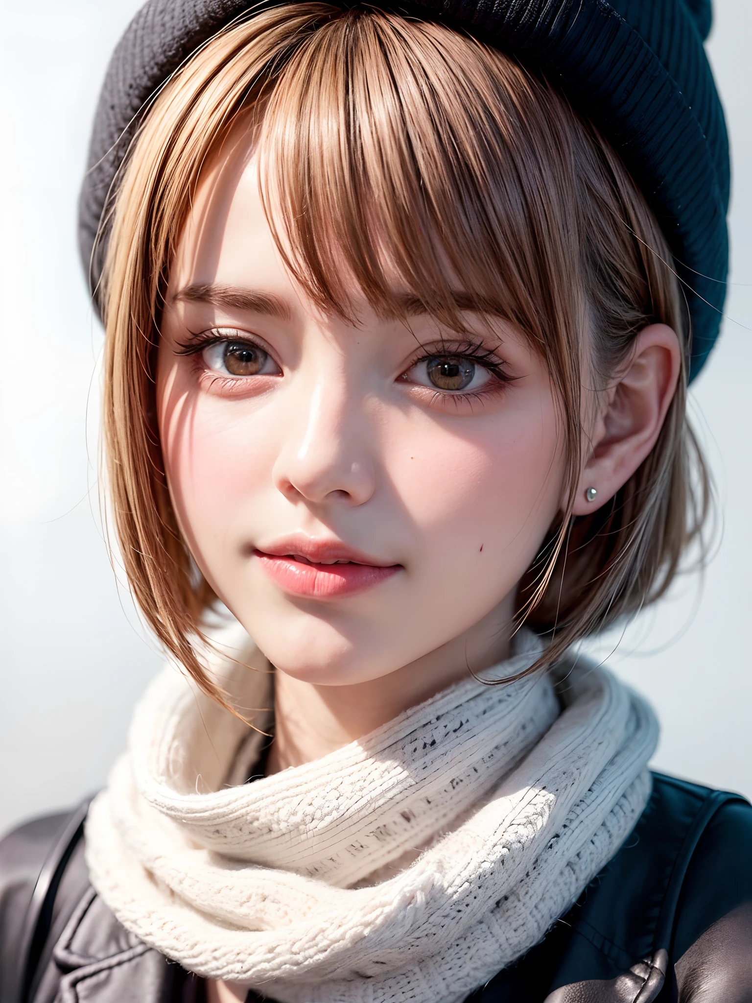 (masterpiece, top-quality、Very attractive adult beauty、Add intense highlights to the eyes),1girl in, 独奏, A dark-haired, scarf, Hats,, realisitic, looking at the viewers, black eyes of light color, shorth hair, coat, Winter clothes, White headscarf, s lips, lipgloss,bangss, The upper part of the body、big eye、Lashes)、((Road system in Italy))、((Shorthair with bangs、big eye、Put very strong highlights in your students、very Bigger breasts、gazing at viewer、Very beautiful beauty、Put your ears out、long neck、little smiling、Beautiful teeth、Open your mouth and smile))、28 year old、Very cute supermodel、Look firmly at the camera:1.6