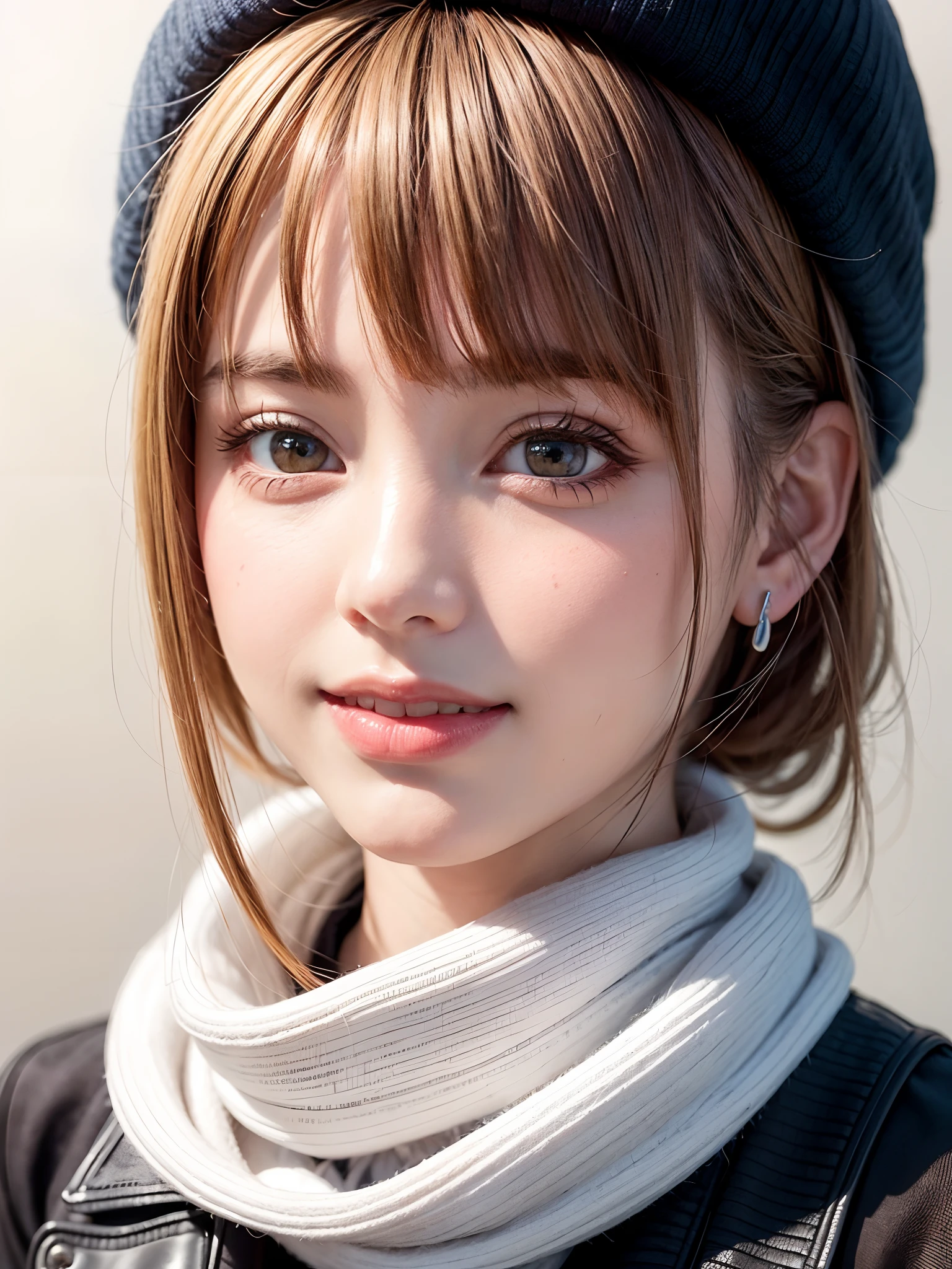 (masterpiece, top-quality、Very attractive adult beauty、Add intense highlights to the eyes),1girl in, 独奏, A dark-haired, scarf, Hats,, realisitic, looking at the viewers, black eyes of light color, shorth hair, coat, Winter clothes, White headscarf, s lips, lipgloss,bangss, The upper part of the body、big eye、Lashes)、((Road system in Italy))、((Shorthair with bangs、big eye、Put very strong highlights in your students、very Bigger breasts、gazing at viewer、Very beautiful beauty、Put your ears out、long neck、little smiling、Beautiful teeth、Open your mouth and smile))、28 year old、Very cute supermodel、Look firmly at the camera:1.6