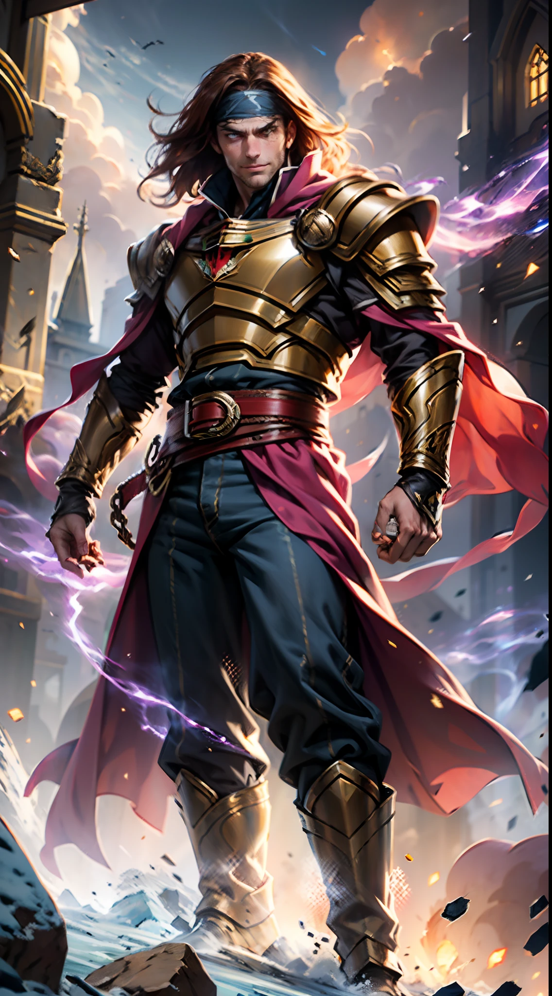 A man with long reddish-brown hair, wearing a red headband, an Eastern European face, deep and confident eyes, a confident smile, a red elongated totem mark on his face, a tall and strong physique, he wears a fantasy-style overlord attire, a blue-gold thick breastplate, a black tight-fitting undershirt, a massive cloak with heavy metal decorations, that cloak covers most of his body, thick red and blue heavy gauntlets, a metal belt with a thick long skirt-like hem, black pants, metal leg guards that match the gauntlets, he steps on the space with an awe-inspiring presence, red and blue and green energy surrounds him, red and blue and green Power surrounds him, white frost swirls around him, blue ice around him, red fire around him, purple Lightning around him, this character embodies a finely crafted fantasy-style overlord in anime style, characterized by an exquisite and mature manga illustration art style, high definition, best quality, highres, ultra-detailed, ultra-fine painting, extremely delicate, professional, anatomically correct, symmetrical face, extremely detailed eyes and face, high quality eyes, creativity, RAW photo, UHD, 8k, Natural light, cinematic lighting, masterpiece:1.5