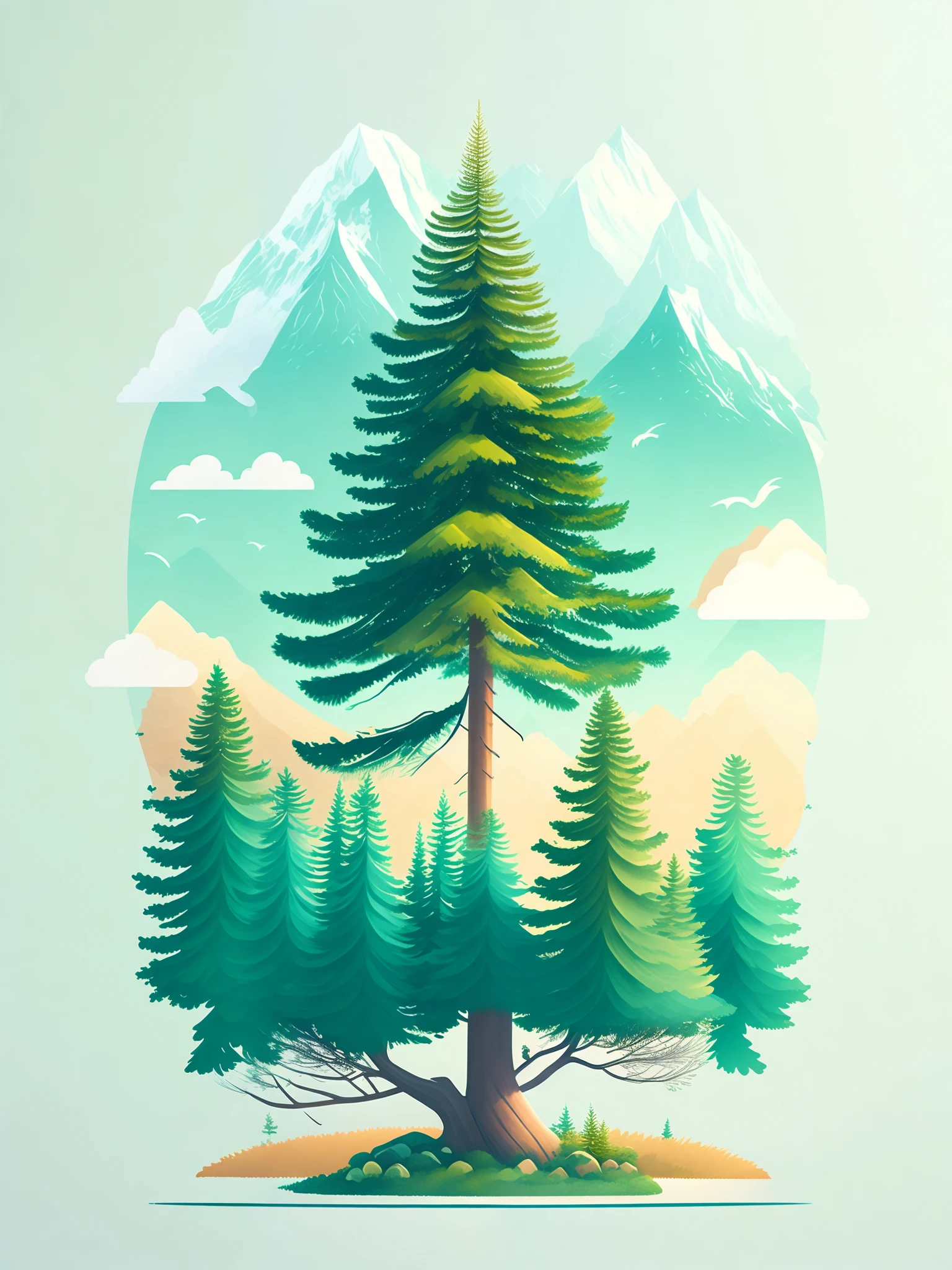 A spruce tree in a spring landscape, design de camiseta, rzminjourney, arte vetorial