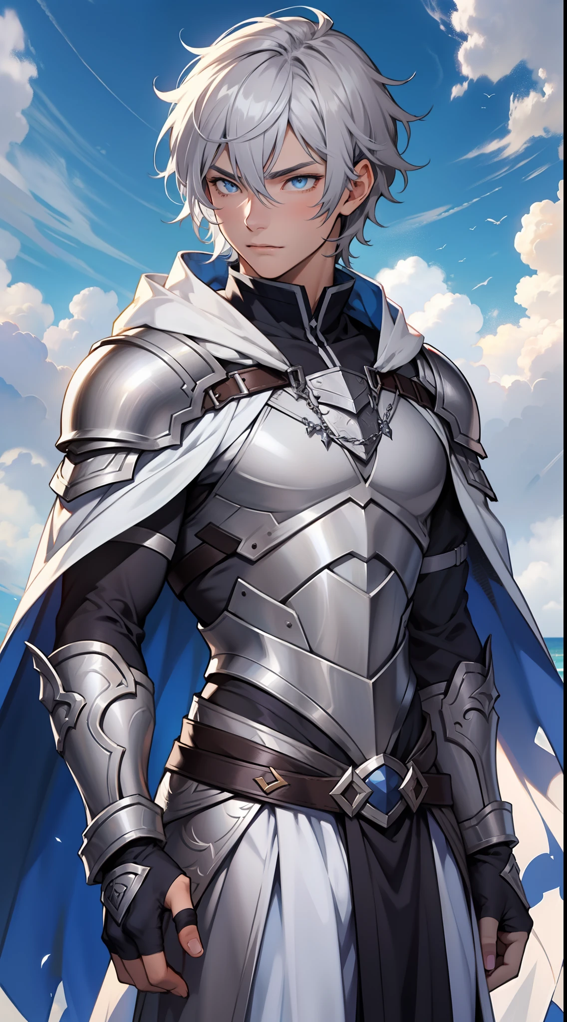 tmasterpiece，Need，超高分辨率，shoun，White armor，Cloak，musculature，(Short silver-gray hair)，blue color eyes，Libido boy,scales，Clouds
