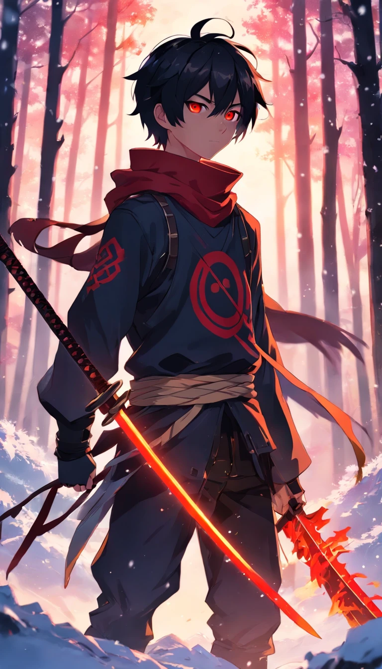 Makoto shinkai anime , Demon slayer art style , 1 boy , short black messy hair , 1 red eye , 1 completely black eye , black and red samurai armor , wearing black oni mask , with red and yellow flames , katana on hip , looking off screen , snowy forest background
