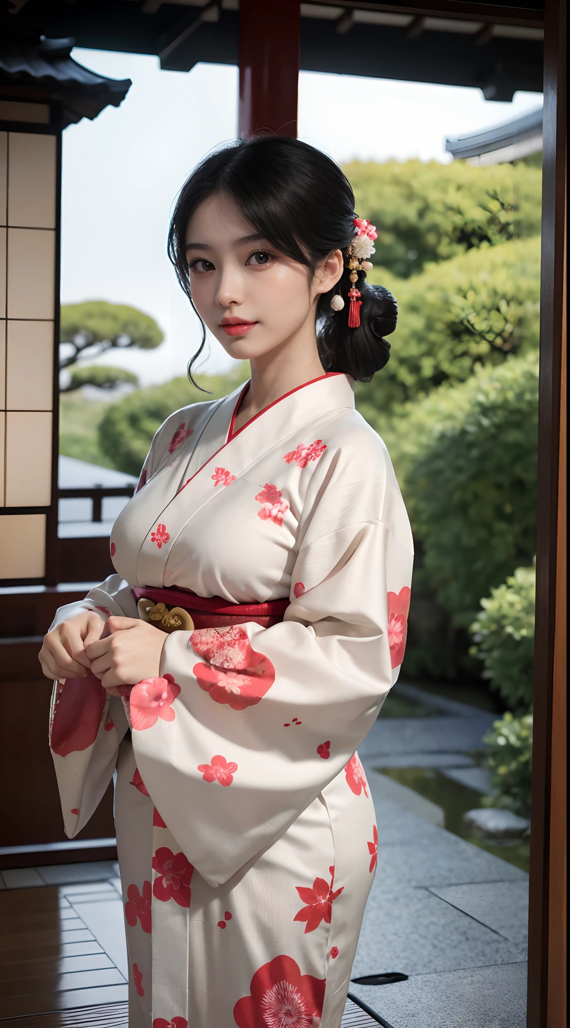 Tifa Lockhart, (Red kimono:1.2)、(komono:1.2)、(with floral pattern)、(long-sleeve)、1 girl、full bodyesbian、(short-haired)、(reallistic:1.7)、((Top image quality))、absurderes、(超A high resolution)、(Photorealsitic:1.6)、Photorealsitic、octane renderings、(hyper realisitic:1.2)、(photorealiscic face:1.2)、(8k)、(4k)、(​masterpiece)、(realistic skin textures)、(illustratio、Cinematographic lighting、wall-paper)、(beautidful eyes:1.2)、((((face perfect))))、(cute little)、(is standing)、red-lips、outside of house、(Japanese Style Country)、Detailed cute face、Realistic pretty woman