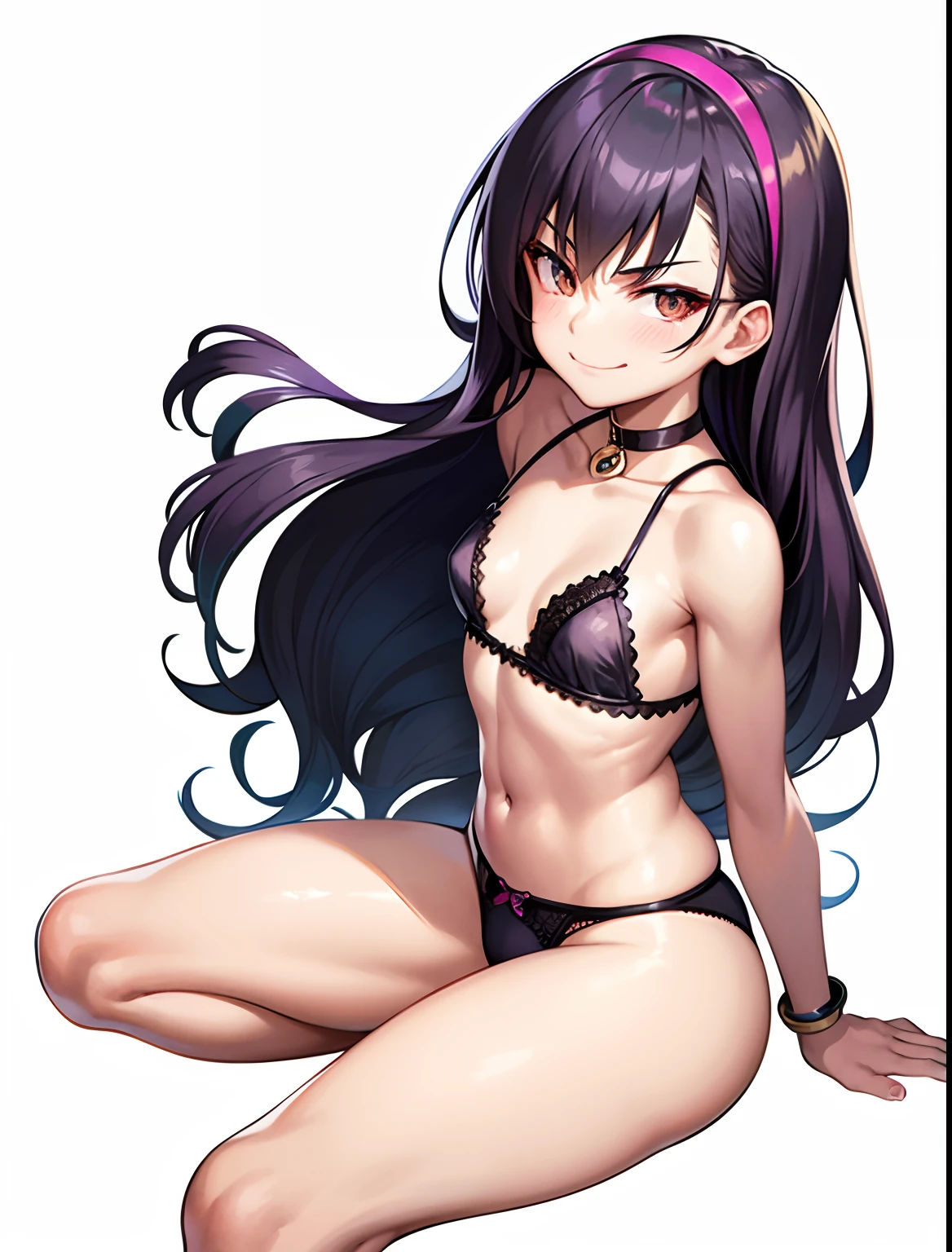 Boy with purple long sidetail hair, Close up portrait of a boy in a black bra, Boy with Yellow Eyes, Cool anime boys, jojo anime style, garments:bra very, Only underwear, Boy in black panties, nefarious smirk, Official Character Art, marin kitagawa fanart, illustrious makinami,