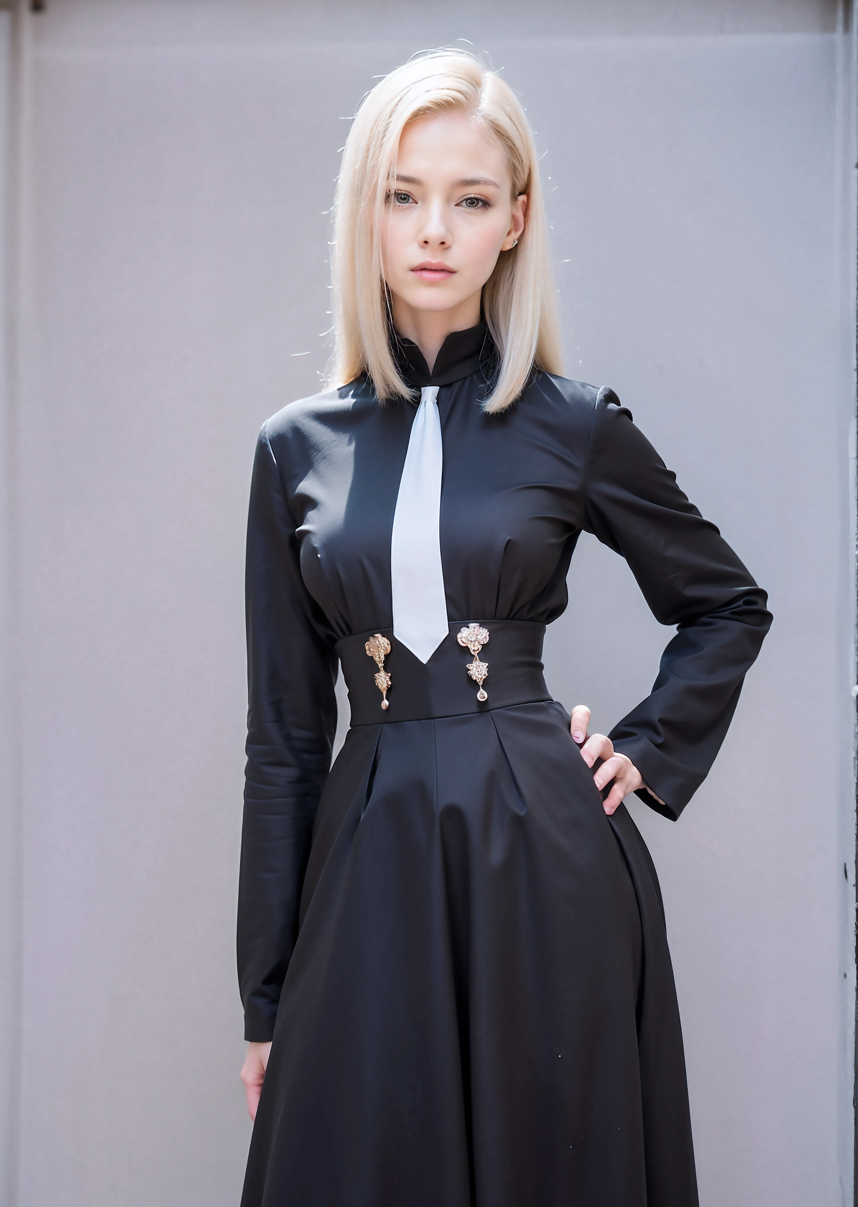 there is a woman in a black dress and a white tie, wearing a black noble suit, nun fashion model, High quality image, masterpiece, detailed hair texture, detailed skin texture, detailed cloth texture, 8k, add fabric details, ultra detailed skin texture, ultra detailed photo, skin pores, cloth details, high skin details, realistic hair details
