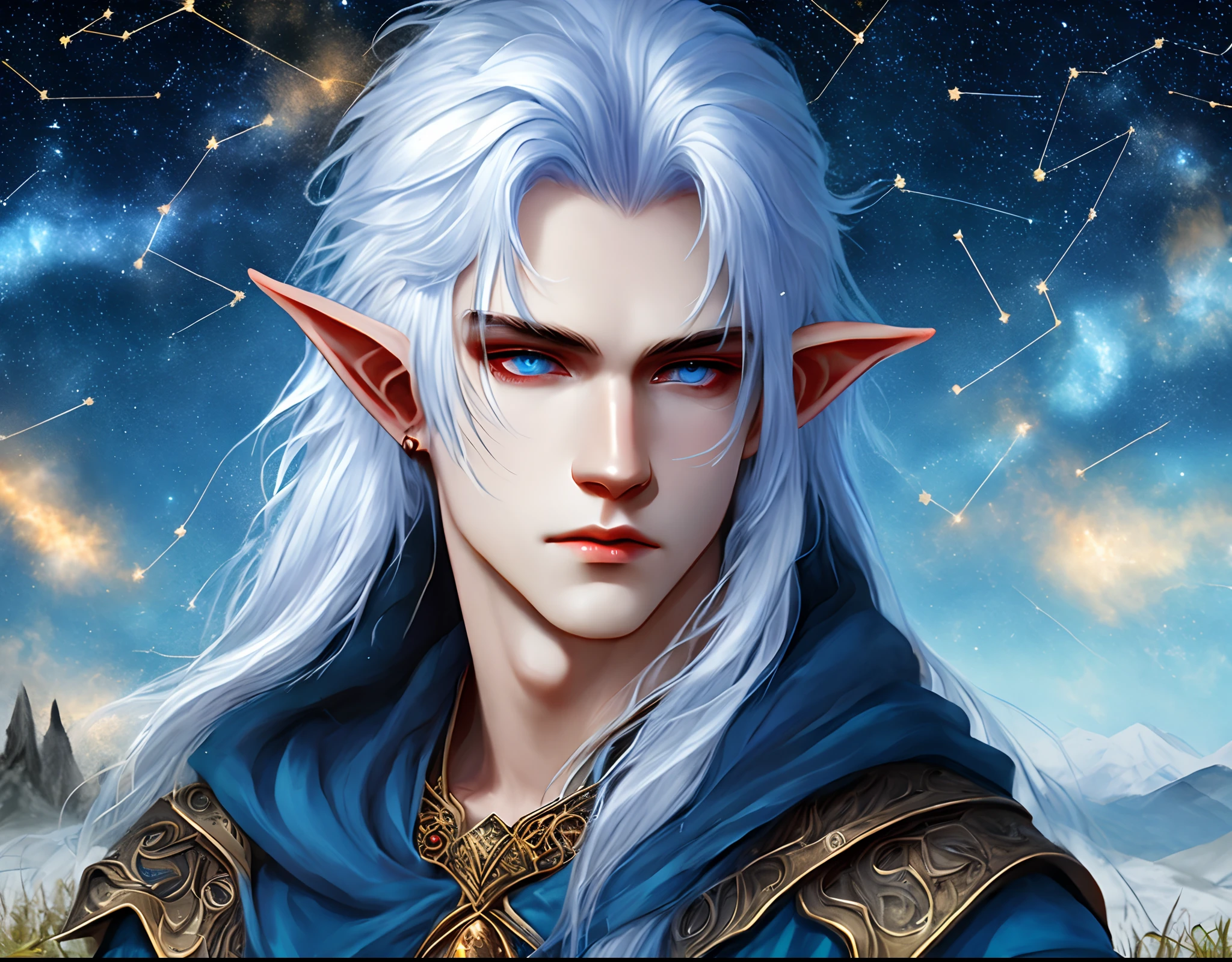 Druid elf :genderfluid : starry skin: white hair : blue eyes : constellations : mature : nonbinary : pointy ears : light magic :