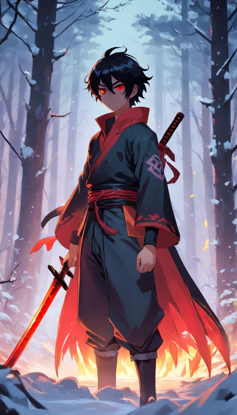 Demon slayer art style , 1 boy , short black messy hair , 1 red eye , 1 completely black eye , black and red samurai armor , wearing black mask , with red and yellow flames , katana on hip , looking off screen , snowy forest background