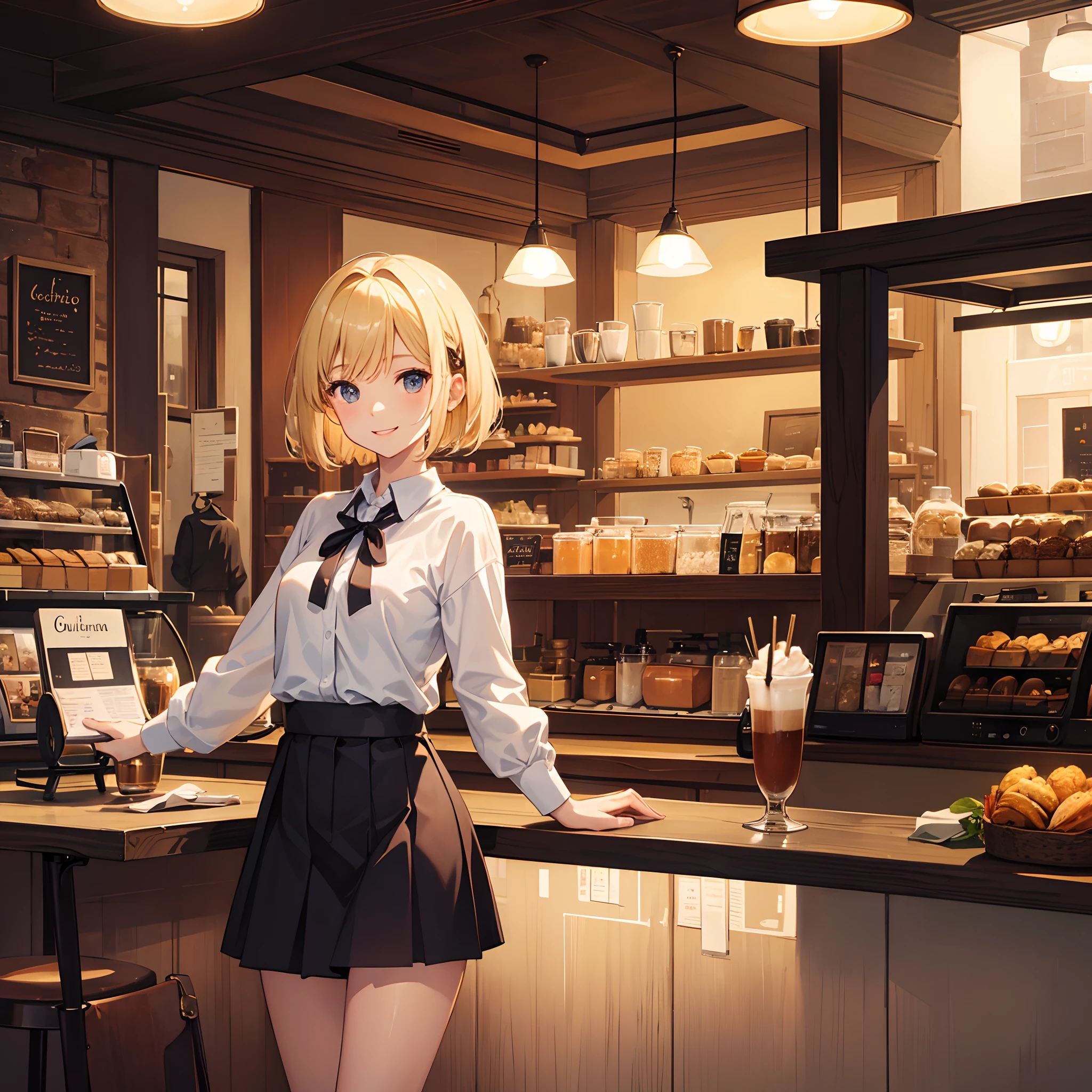 Masterpiece, 1 girl, smiling, european, skirt, (small) chillerism, short blonde hair, coffee shop, autumn