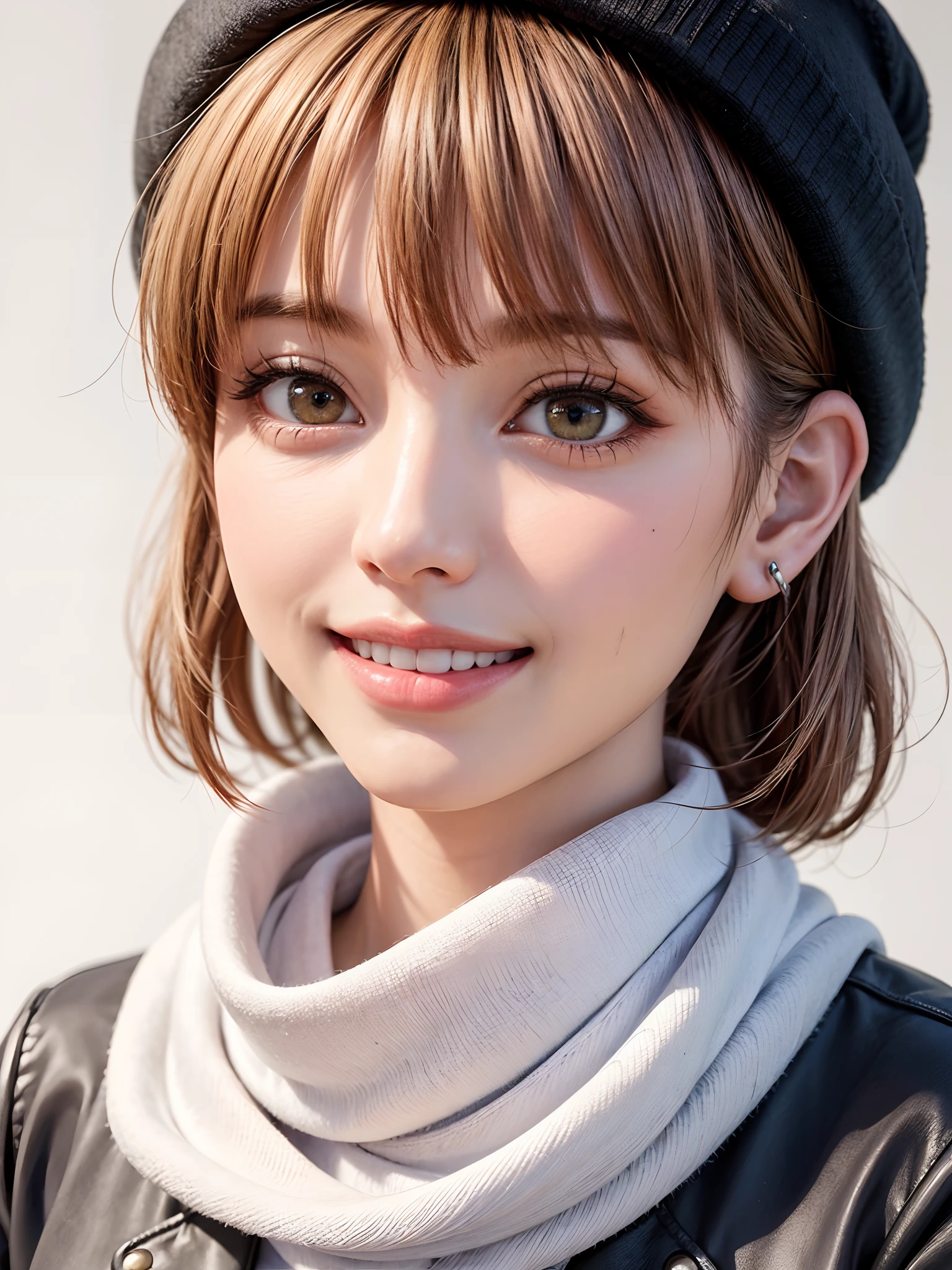 (masterpiece, top-quality、Very attractive adult beauty、Add intense highlights to the eyes),1girl in, 独奏, A dark-haired, scarf, Hats,, realisitic, looking at the viewers, black eyes of light color, shorth hair, coat, Winter clothes, White headscarf, s lips, lipgloss,bangss, The upper part of the body、big eye、Lashes)、((Road system in Italy))、((Shorthair with bangs、big eye、Put very strong highlights in your students、very Bigger breasts、gazing at viewer、Very beautiful beauty、Put your ears out、long neck、little smiling、Beautiful teeth、Open your mouth and smile))、28 year old、Very cute supermodel