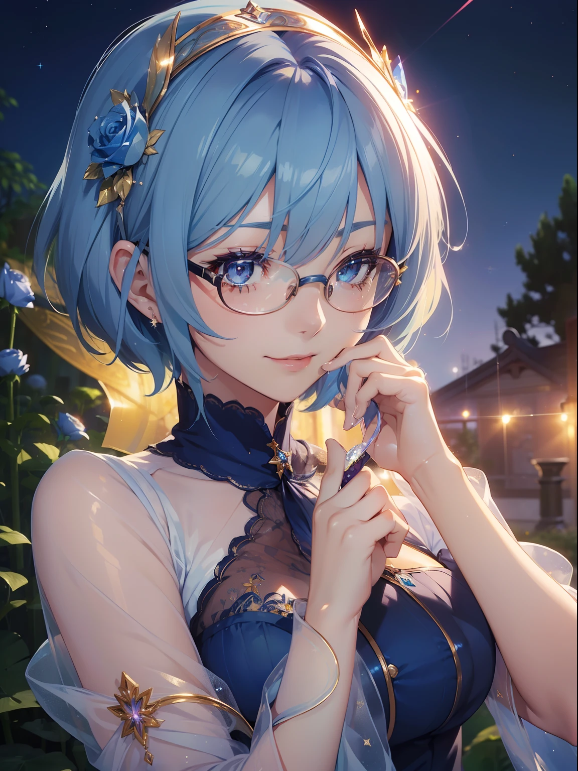 masutepiece, High resolution, 8K, anime woman, Delicate and detailed writing 、Detailed digital illustration、(((Pixie Bob)))、Shiny hair、a very beautiful woman、Eyes are double, Large,、 Bust is D cup、High image quality, High quality、Detailed background、The inside of the eye shines like a diamond、(((Blue hair)))、(((swept bangs)))、Gradient pupil、(((2 arms、4 fingers, 1 thumb)))、Detailed female face、a very beautiful woman、、细致背景、​masterpiece、Soft Focus , Bright gradient watercolor , Lens Flare , (((Glitter))) , Glow , Dreamy ,、a miniskirt、Idol、Light blue ribbon、((Very beautiful light blue rose hair accessories))、White and light blue and golden costume、(((wears glasses)))、intelligent woman,(((Idol clothes)))、A smile、(((cosmos garden)))、(((Face Close-up)),Eyes with blue gradient glow、full lol、