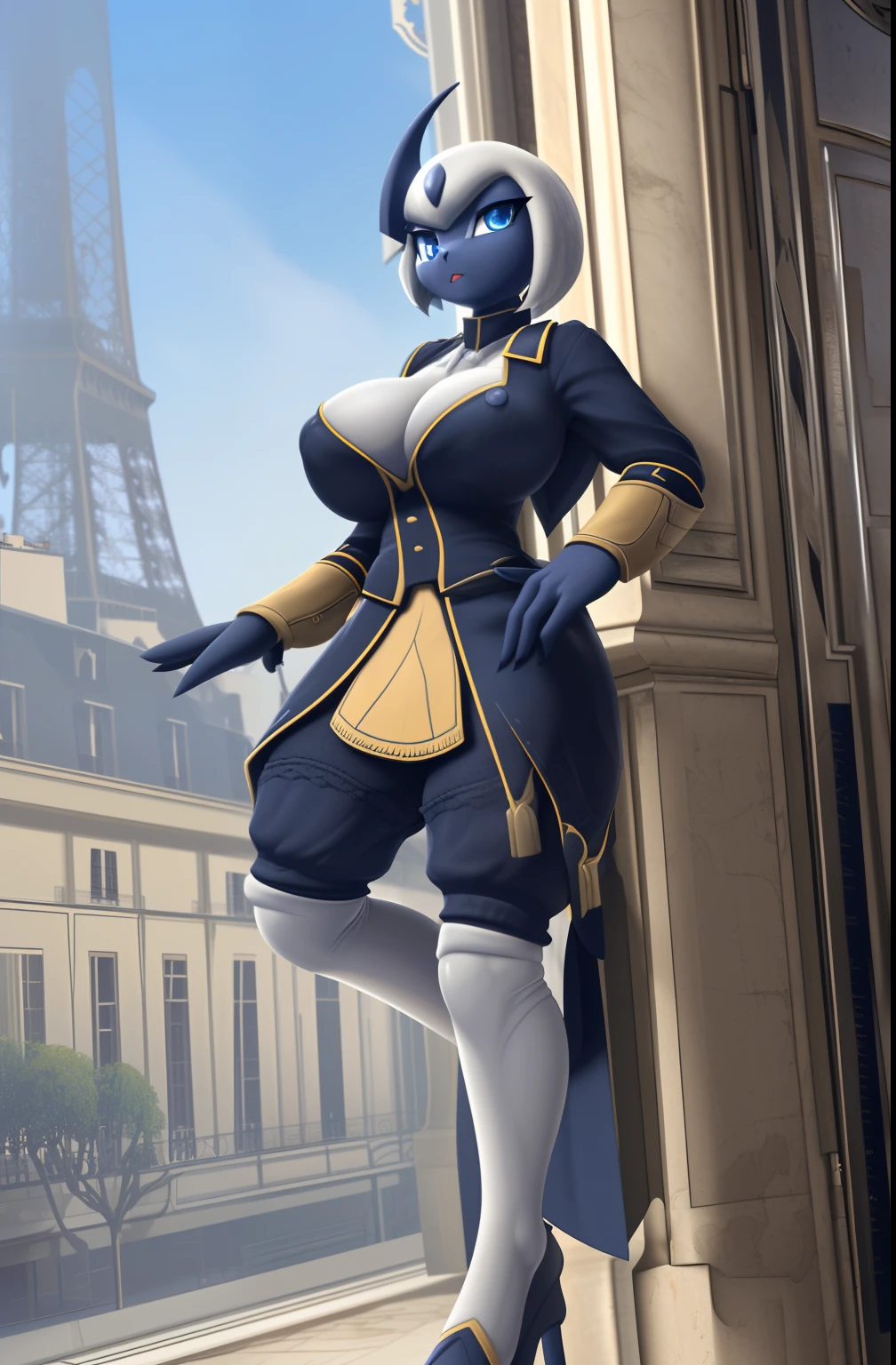 1girl (Made by R-MK), Absol woman, ((solo)), ((big and firm breasts, antrum, extremely detailed, extremely detailed legs, extremely detailed arms, extremely detailed face, perfectly detailed eyes, perfectly detailed anatomy)), looking at viewer, (Paris), (Wearing French colonial soldier uniform), (Napoleon French Bicornio)