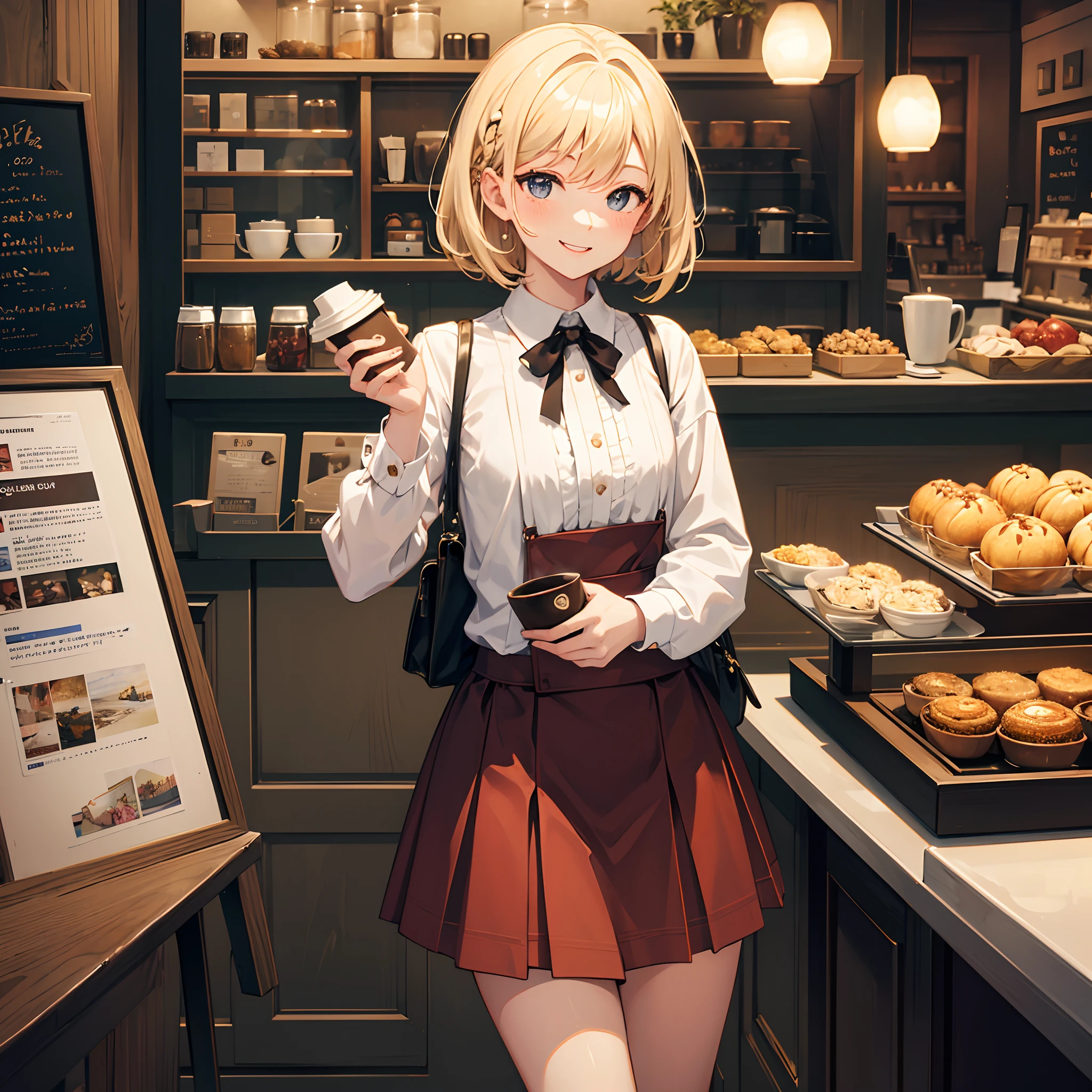 Masterpiece, 1 girl, smiling, european, skirt, (small) chillerism, short blonde hair, coffee shop, autumn