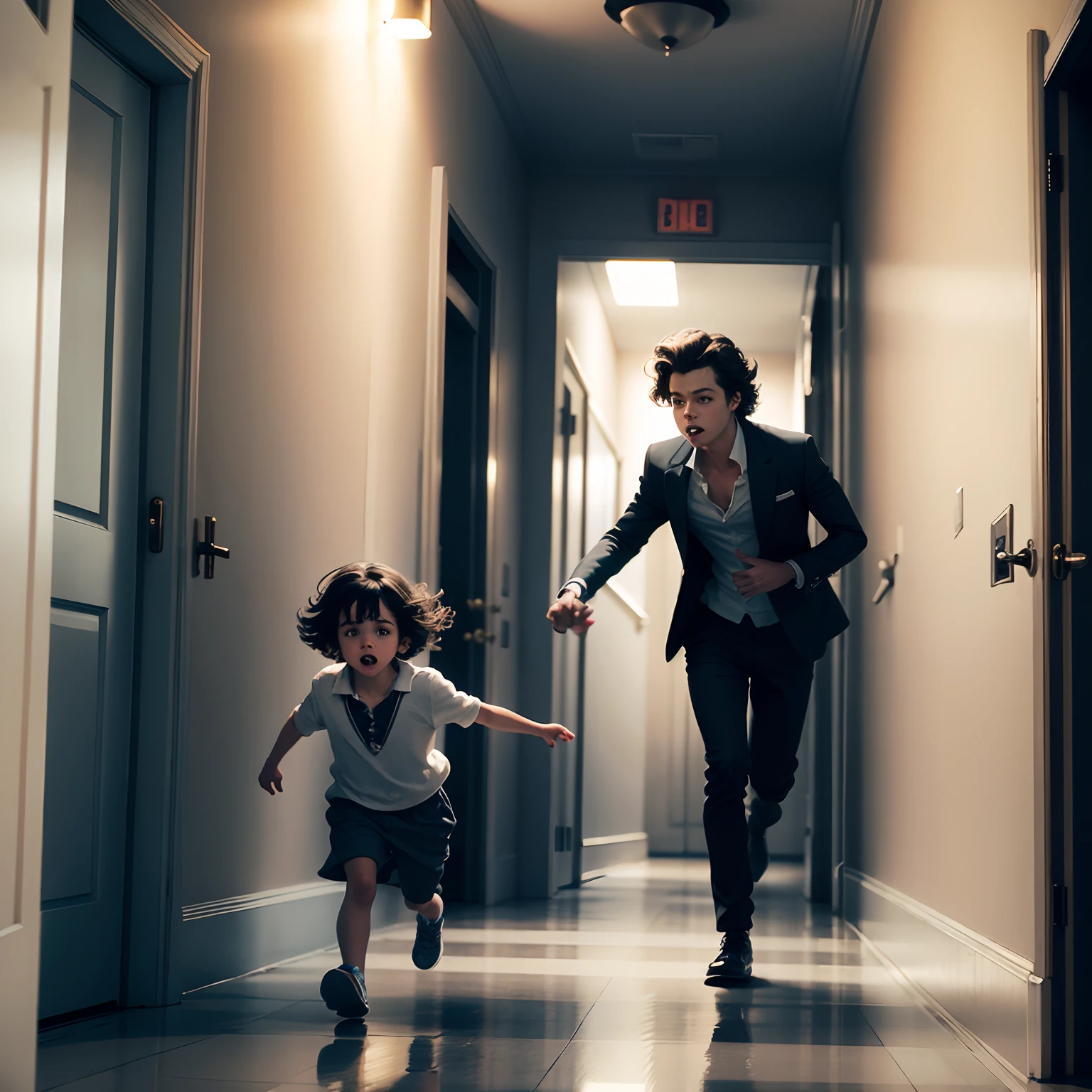 Harry Styles chasing a child down a hallway