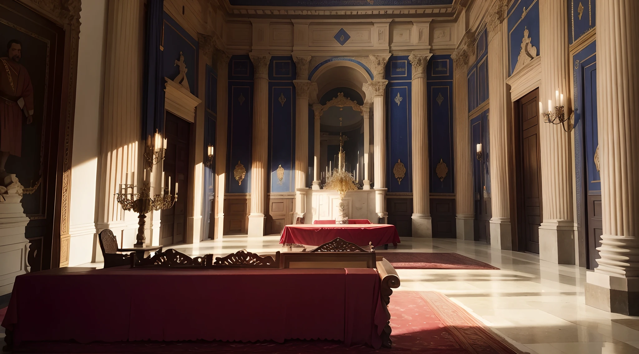 Interior view of Central America Spanish Governor's Palace, Conquistador's House, Hernan Cortes' style or Diego Velázquez de Cuéllar style, look like Cuba's Governor in 16th century, European and Christianity architecture, built in Caribbean or Terra Firme or Antilles Islands or Central America, built in Cuba or Santo Domingo or Vera Cruz or Mexico Kingdom of Portugal, 16th century, medieval, Central America element, Conquistador's elements, Iberia Elements, Spanish style throne, no people, no word, no wordings, no signature