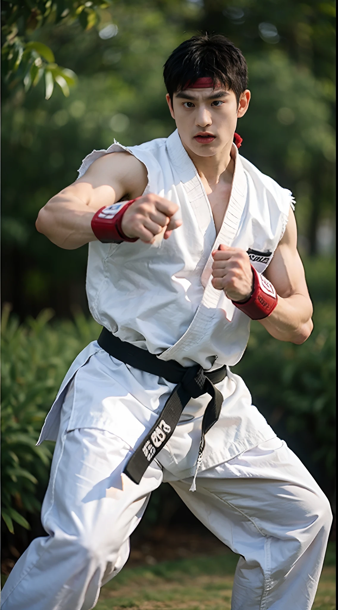 ryu from street fighter, dynamic combat pose, asian, martial arts, taekwondo uniform, black belt