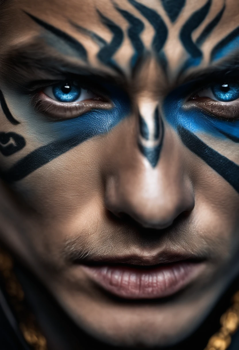 close up photography, blue eyes, dramatic and stunning award winning photo, dramatic linear delicacy, high dynamic range, tattooed screaming samurai warrior, mouth open,realistic, vivid color, hd, 4k, 18k, uhd, professional photography, studio lighting, High Detail, skin imperfections, cinematic, natural lighting realistic,