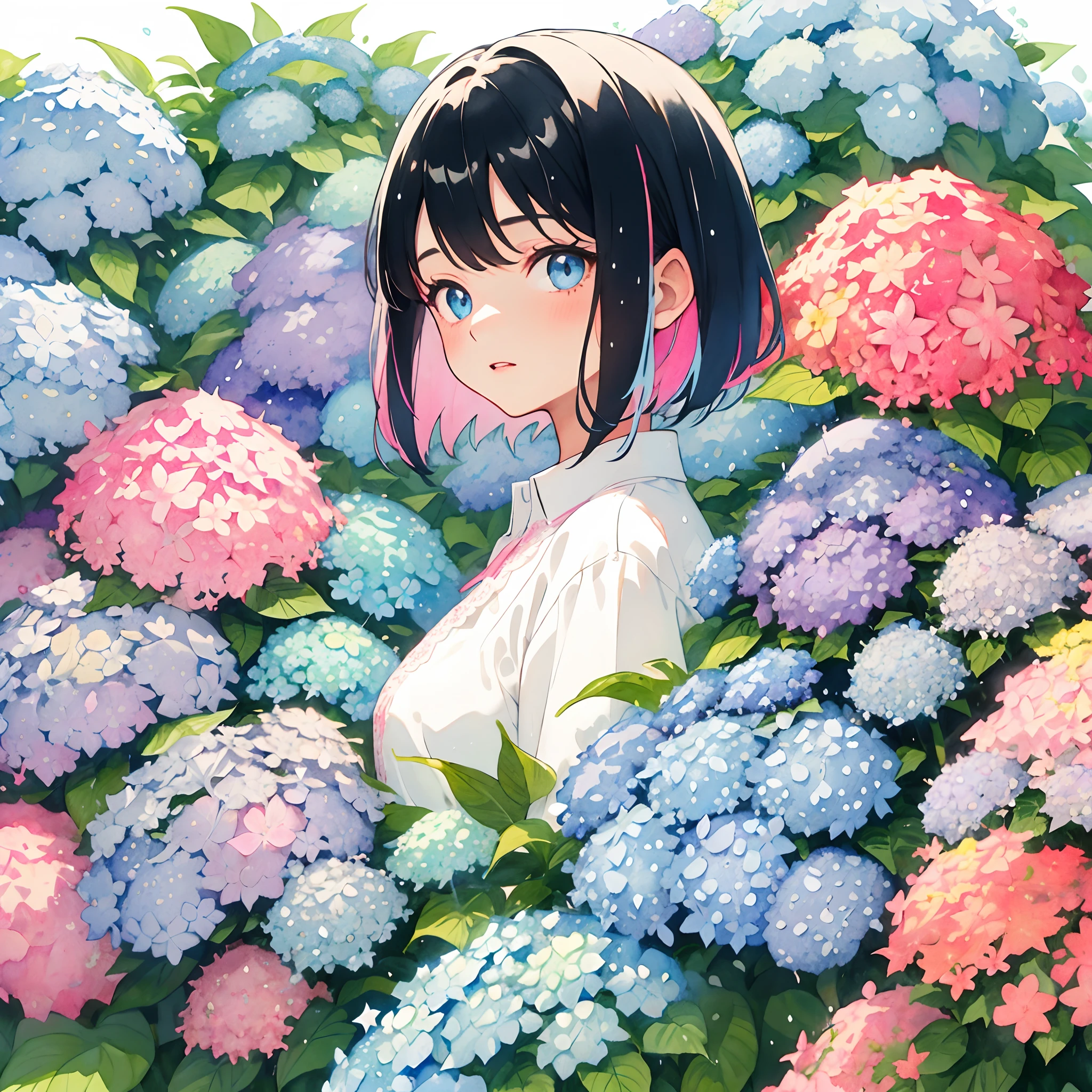 ((solo)) young girl with asymmetrical short black hair with blue and pink highlights, under rain, ((hydrangea)), sparkling eyes, masterpiece, lace blouse, (watercolor), side glance