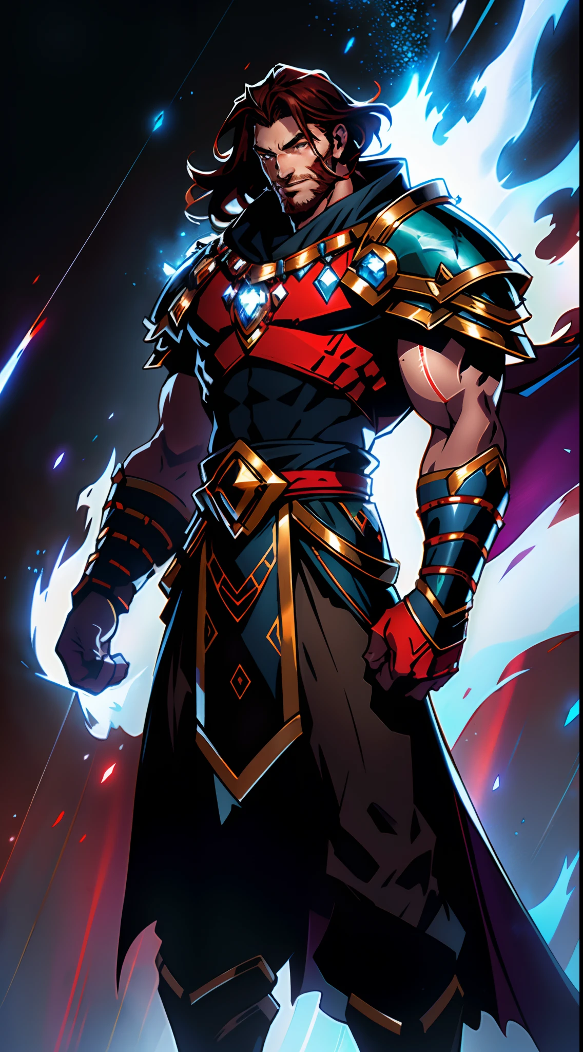 A man with long reddish-brown hair, wearing a red headband, an Eastern European face, deep and confident eyes, a confident smile, a red elongated totem mark on his face, a tall and strong physique, he wears a fantasy-style overlord attire, a blue-gold thick breastplate, a black tight-fitting undershirt, a massive cloak with heavy metal decorations, that cloak covers most of his body, thick red and blue heavy gauntlets, a metal belt with a thick long skirt-like hem, black pants, metal leg guards that match the gauntlets, he steps on the space with an awe-inspiring presence, a red-blue energy surrounds him, a red-blue Power surrounds him, Blue-white frost swirls around him, crystallizing into blue ice, red flames wrap around him, green energy dances in the surroundings, purple currents surge around him, this character embodies a finely crafted fantasy-style overlord in anime style, characterized by an exquisite and mature manga illustration art style, high definition, best quality, highres, ultra-detailed, ultra-fine painting, extremely delicate, professional, anatomically correct, symmetrical face, extremely detailed eyes and face, high quality eyes, creativity, RAW photo, UHD, 8k, Natural light, cinematic lighting, masterpiece:1.5