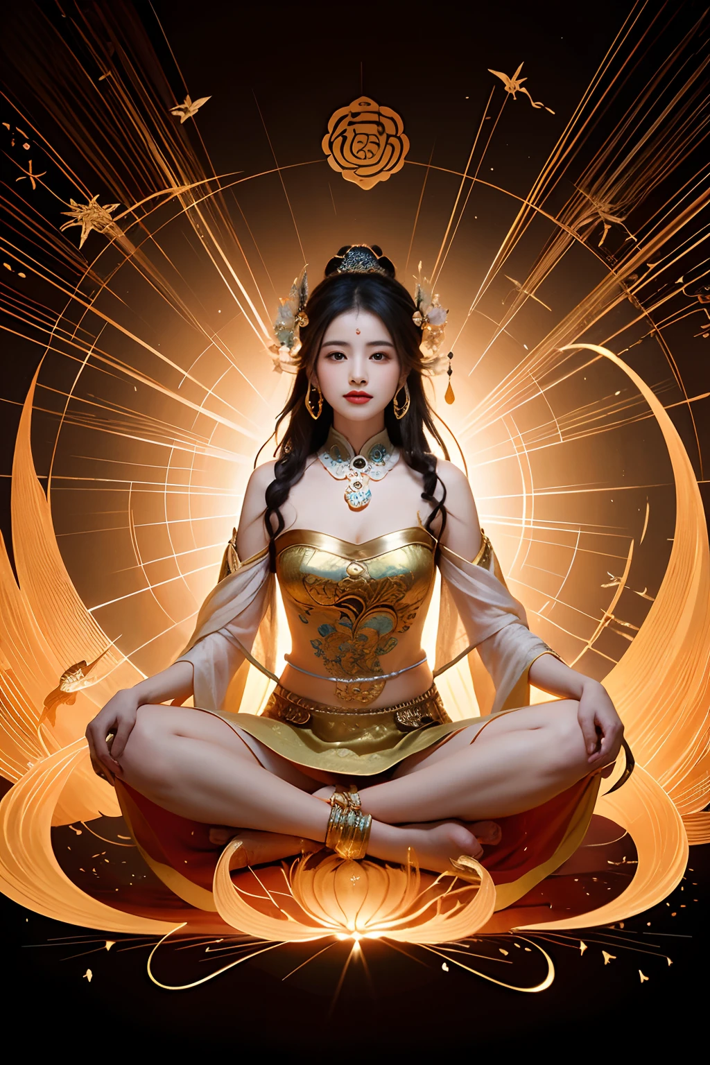 ancient chinese goddess, guanyin of the southern seas, guanyin, Inspired by India, Avalokiteşvara rides in Phoenix，,serene expressions,shui mo hua,Buddha,budista,lotuses,chinese painting style,Thangka style