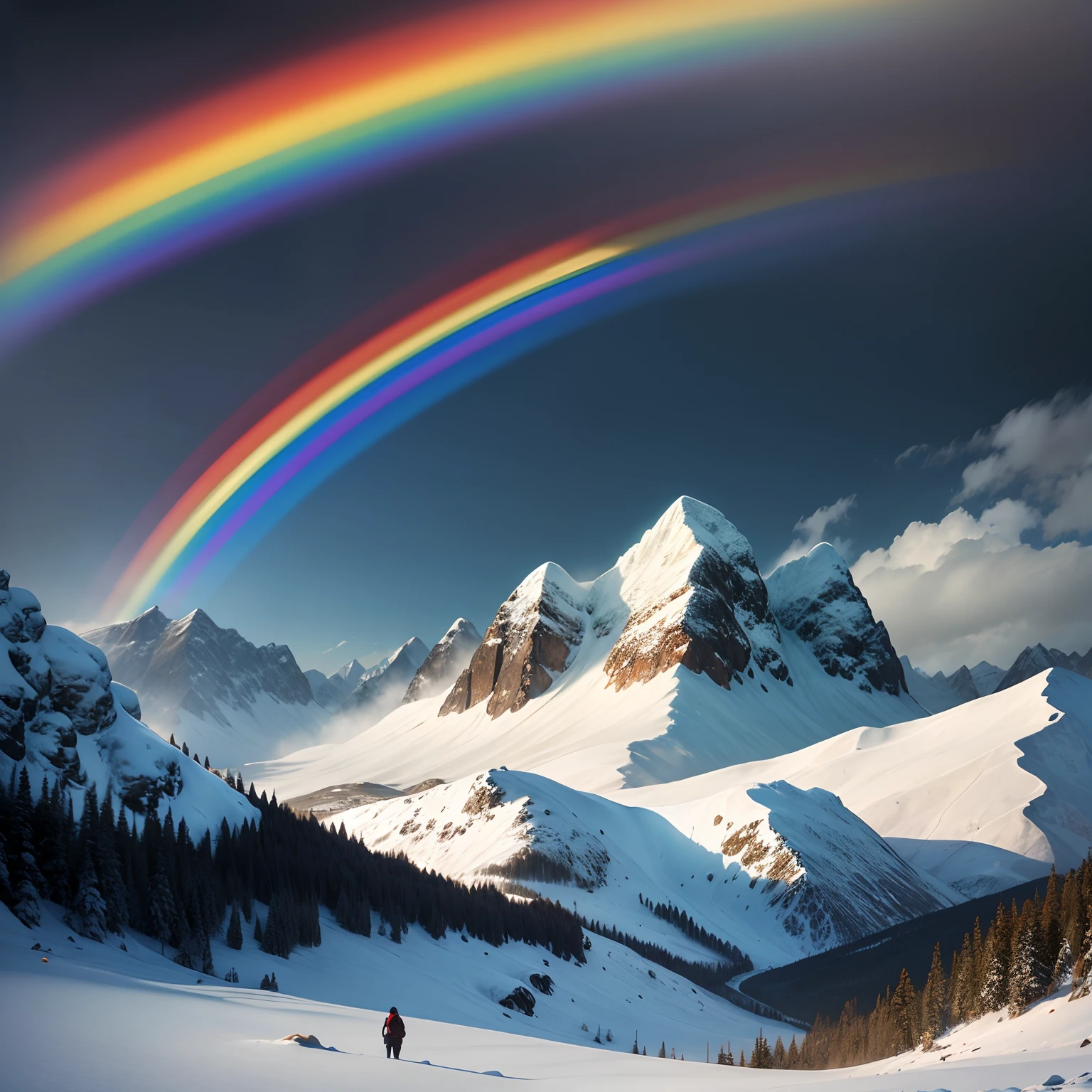 Landscape of snowy mountains, rainbow