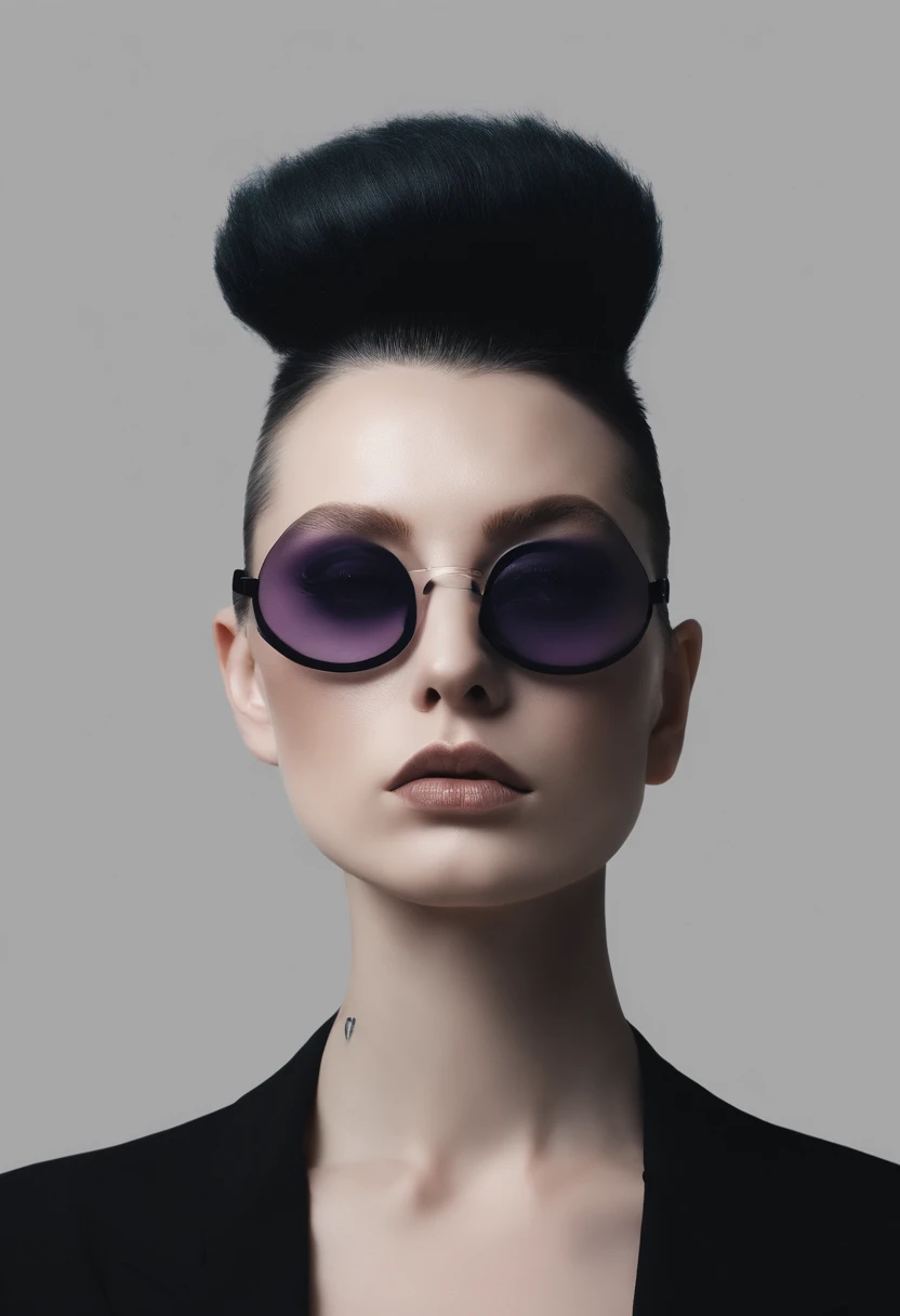 A minimalistic portrait of a trans women who has a fluffy Mohawk with circular glasses wearing a turtleneck black dress and goth makeup.