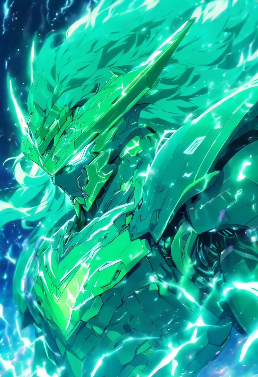 A Beast, Aethersteel Bolts, luminescent sea-green with white-green neon armor, masterpiece, best quality