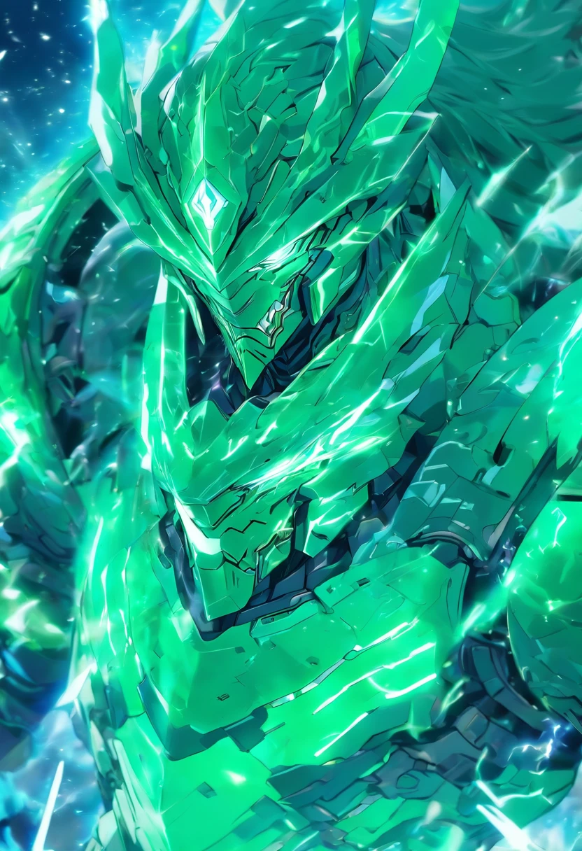 A Beast, Aethersteel Bolts, luminescent sea-green with white-green neon armor, masterpiece, best quality