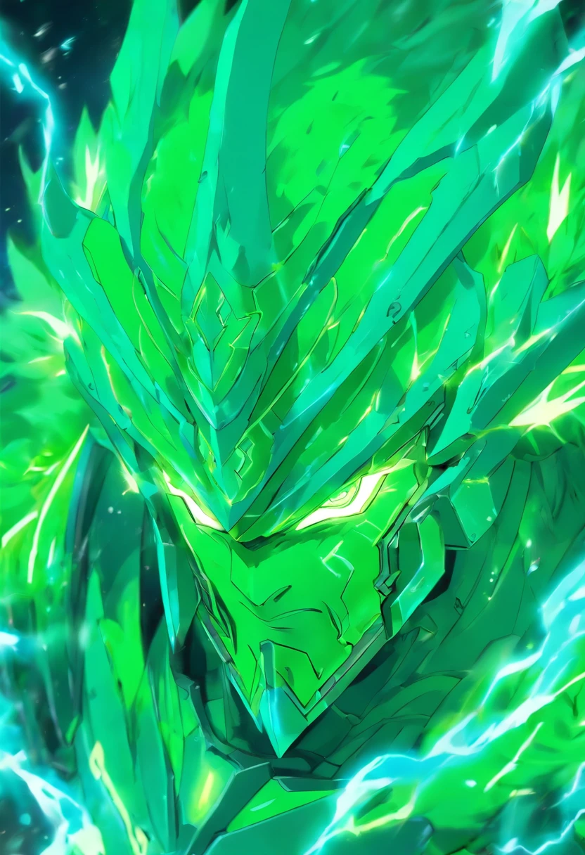 A Beast, Aethersteel Bolts, luminescent sea-green with white-green neon armor, masterpiece, best quality