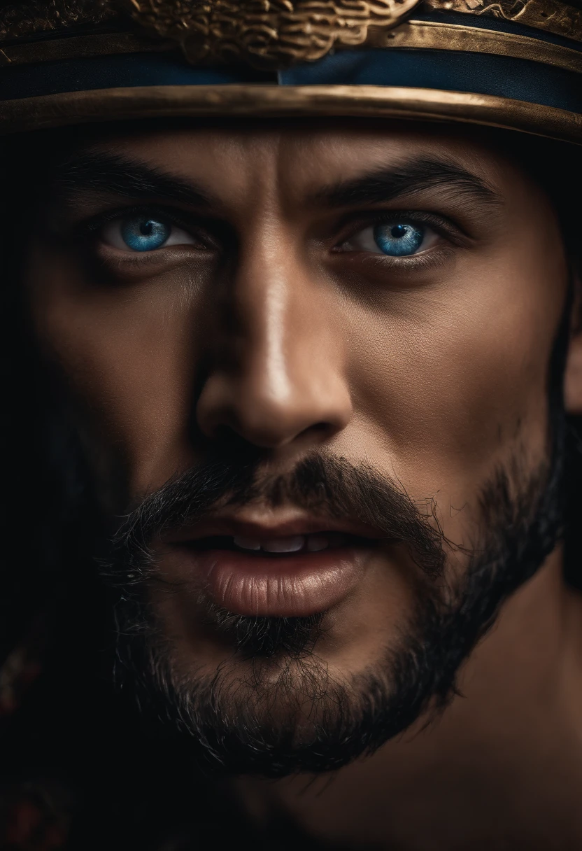 close up photography, blue eyes, Dramatic and stunning award-winning photo, dramatic linear delicacy, high dynamic range, tattooed, screaming, samurai warrior, open mouth, realistic, vivid color, hard drive, 4k, 18k, UHD, professional photography, lighting studio, high detail, skin imperfections, Cinematic, realistic natural lighting