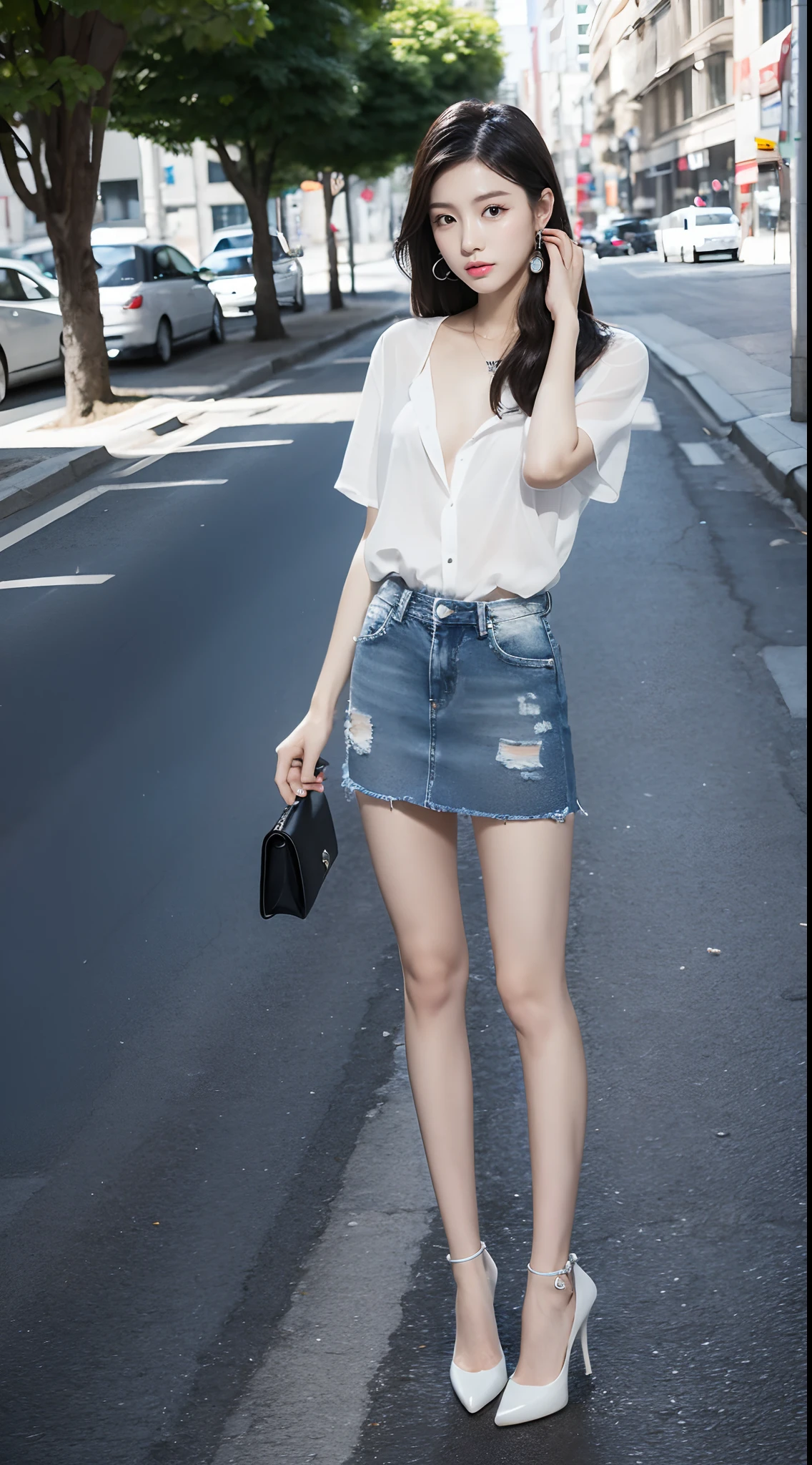 Ultra-clear resolution,top Quority,Perfect body girl,ear studs,Clear eyes,plain face,Gloss on lips,s the perfect face,White skin,Perfect chest,Slender legs,Denim miniskirt,black heels,street