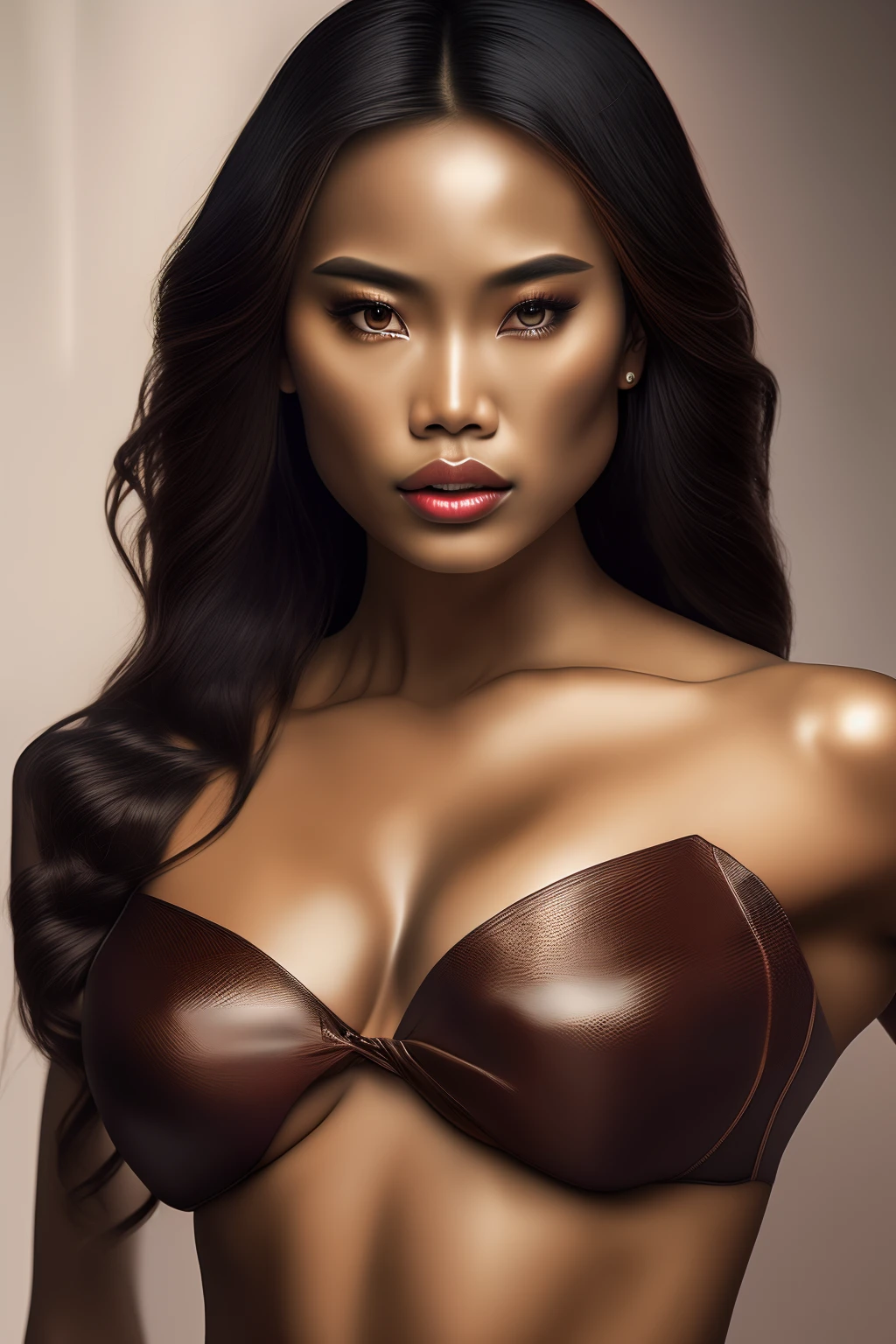 (hyperrealism,body shot,seductive intense,slightly dark-skinned,sexy Filipina woman,very large breasts,sultry looking,intense gaze,raised eyebrow,detailed lips,long eyelashes,retouched flawless skin,tastefully provocative pose,contrasting lighting,high contrast and sharp focus,best quality,ultra-detailed,realistic,photorealistic,vivid colors,professional lighting)