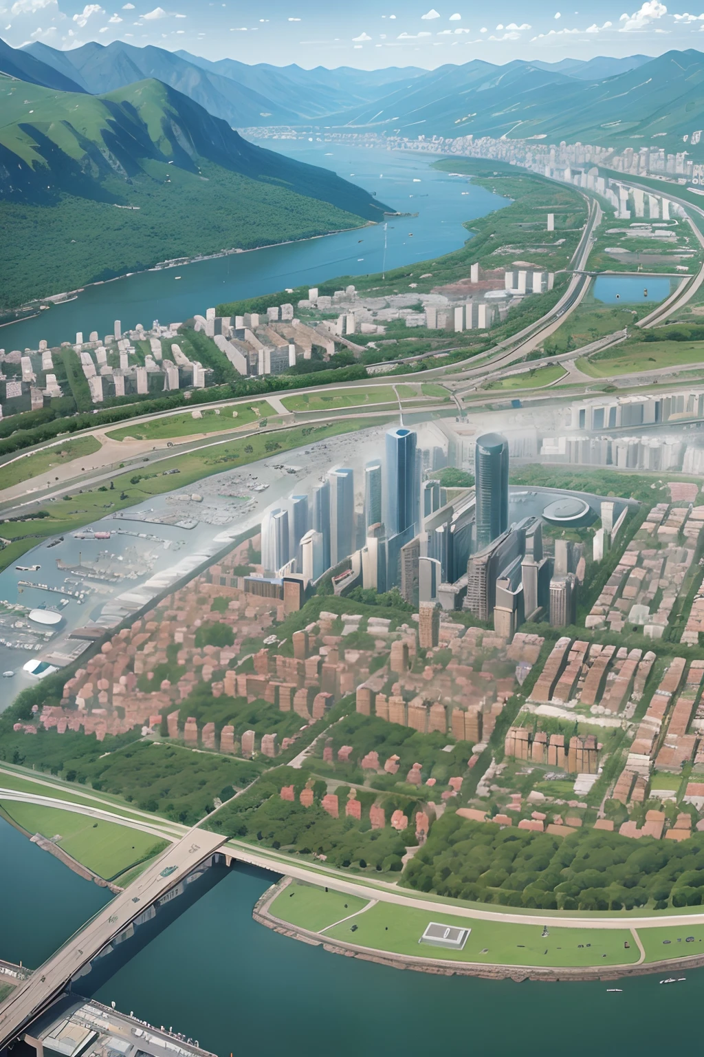 Line drawing of the cityscape from above、Line Art、mont、a river、Residential area、Local Governments and Offices、Water Treatment Plant、a park、Rainwater pumping station、Sewage treatment plant、buliding、buses、Train