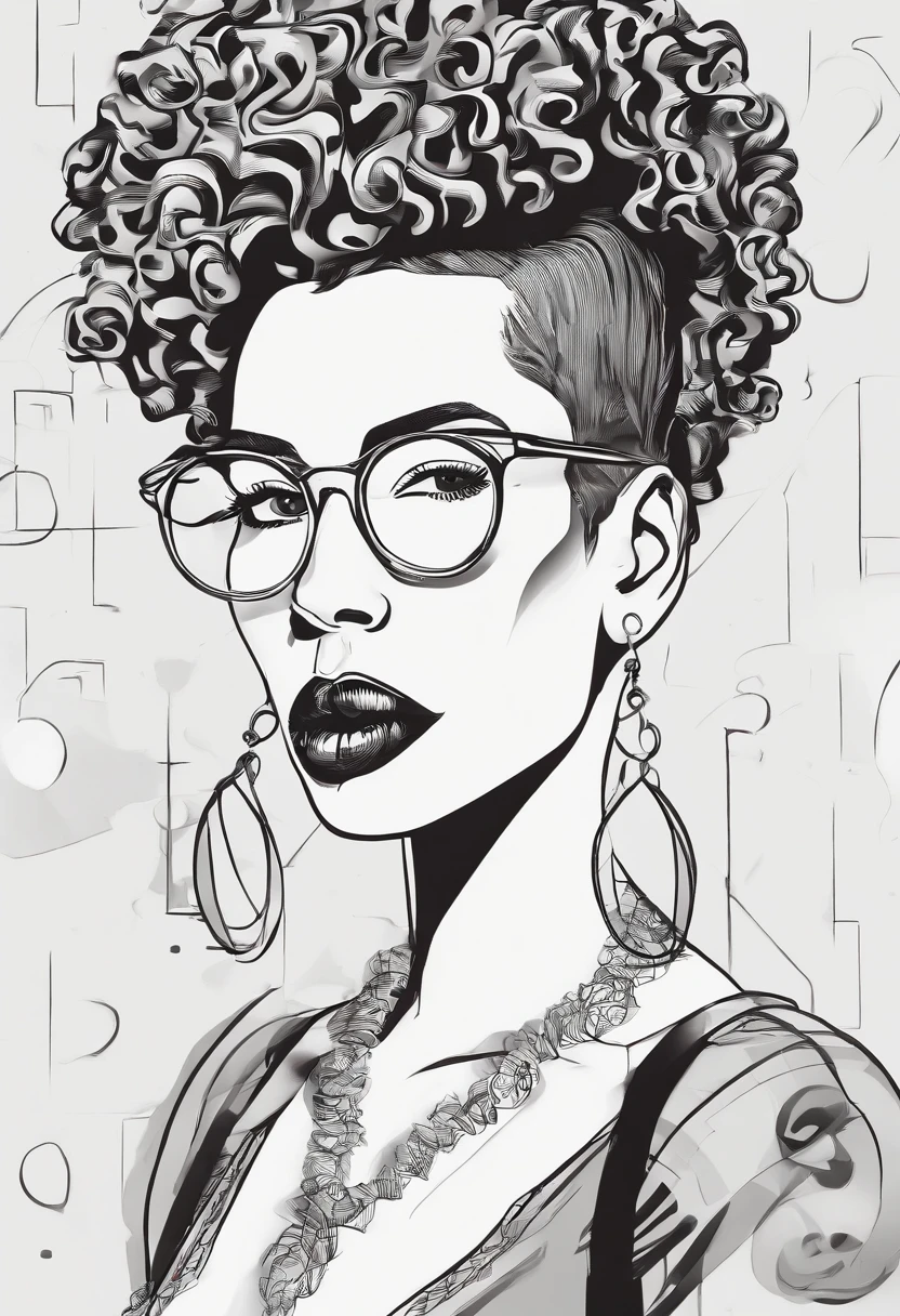 a trans women with a very curly brown Mohawk hairstyle. She’s wearing big circular glasses and a black turtleneck dress with red suspenders. She’s also wearing goth makeup